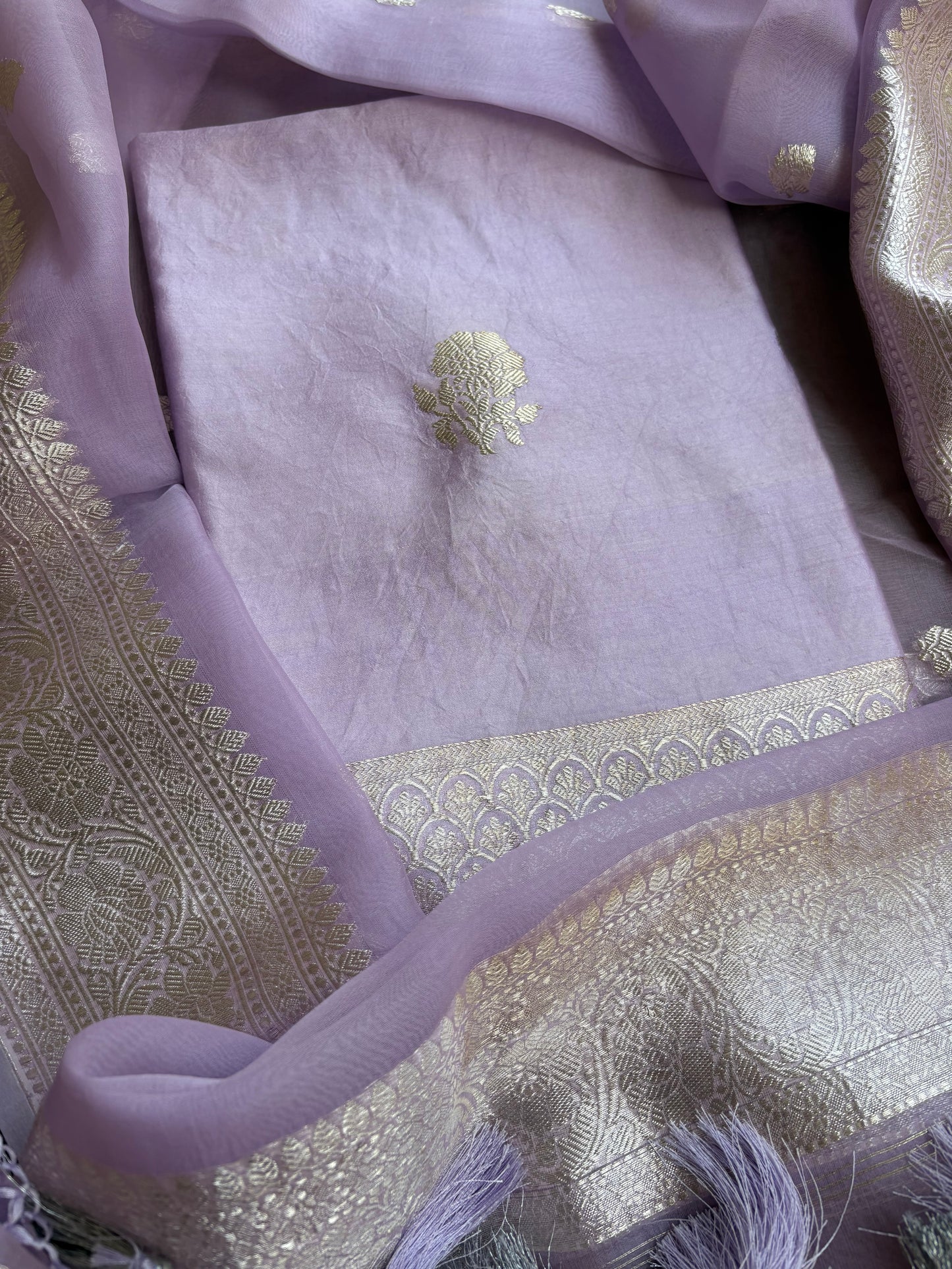 Lavender pure silver zari kurta, kora dupatta,plain bottom.