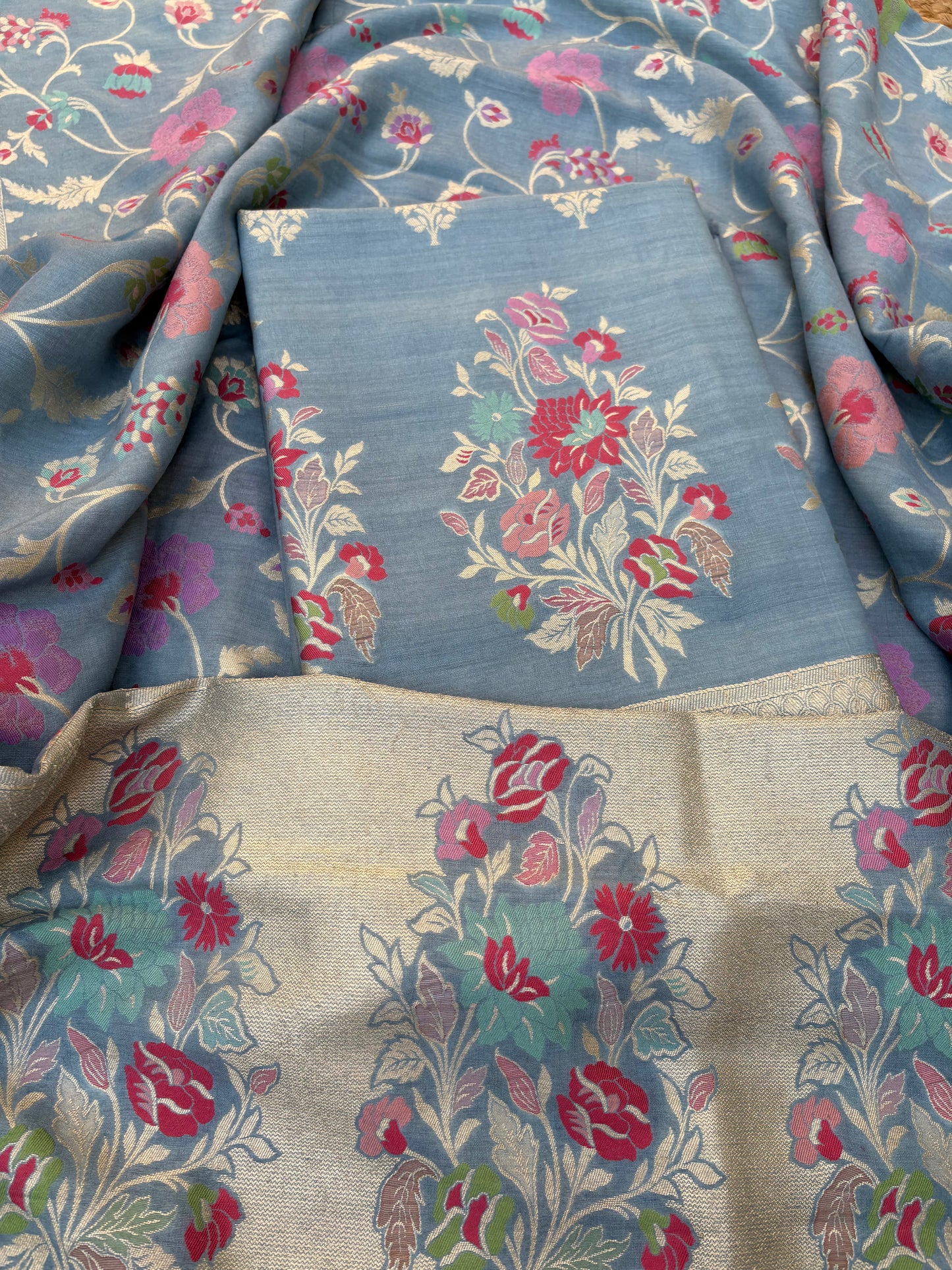Blue meenadar tilfi weaving moonga silk 3 piece suit set
