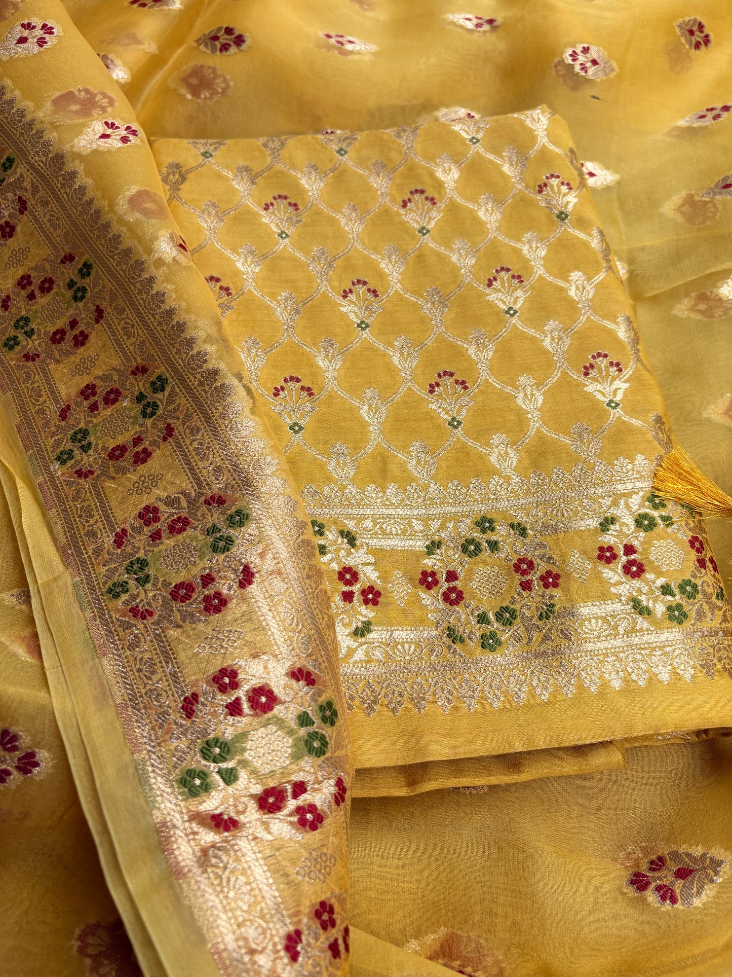 Yellow moonga silk kurta, kora kadhwa dupatta, plain bottom