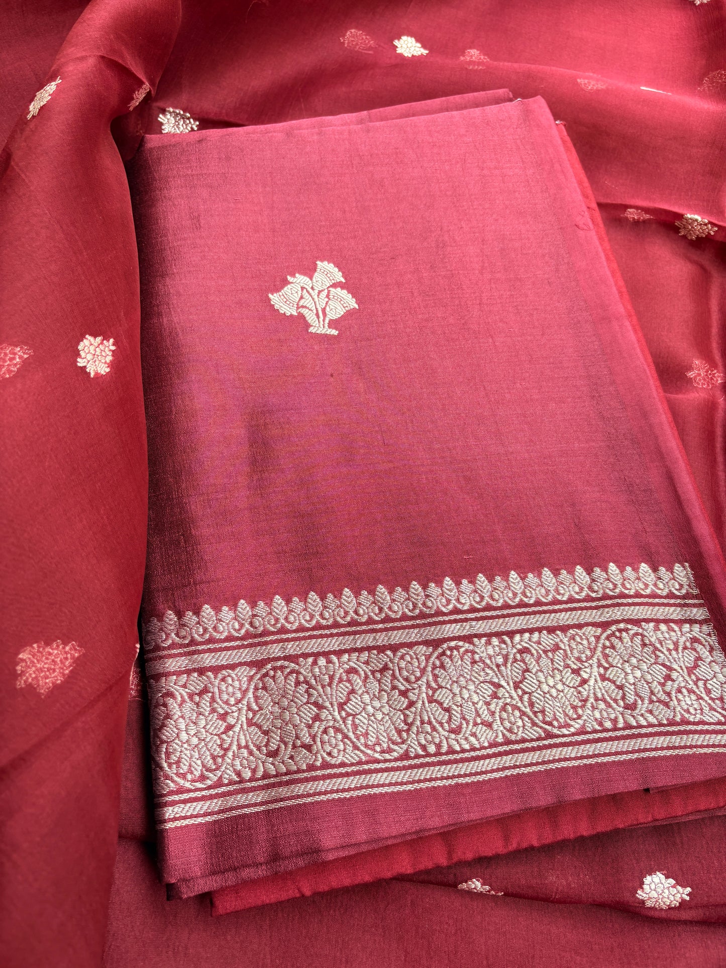 Maroon Chiniya Silk silver zari 3 piece suit set