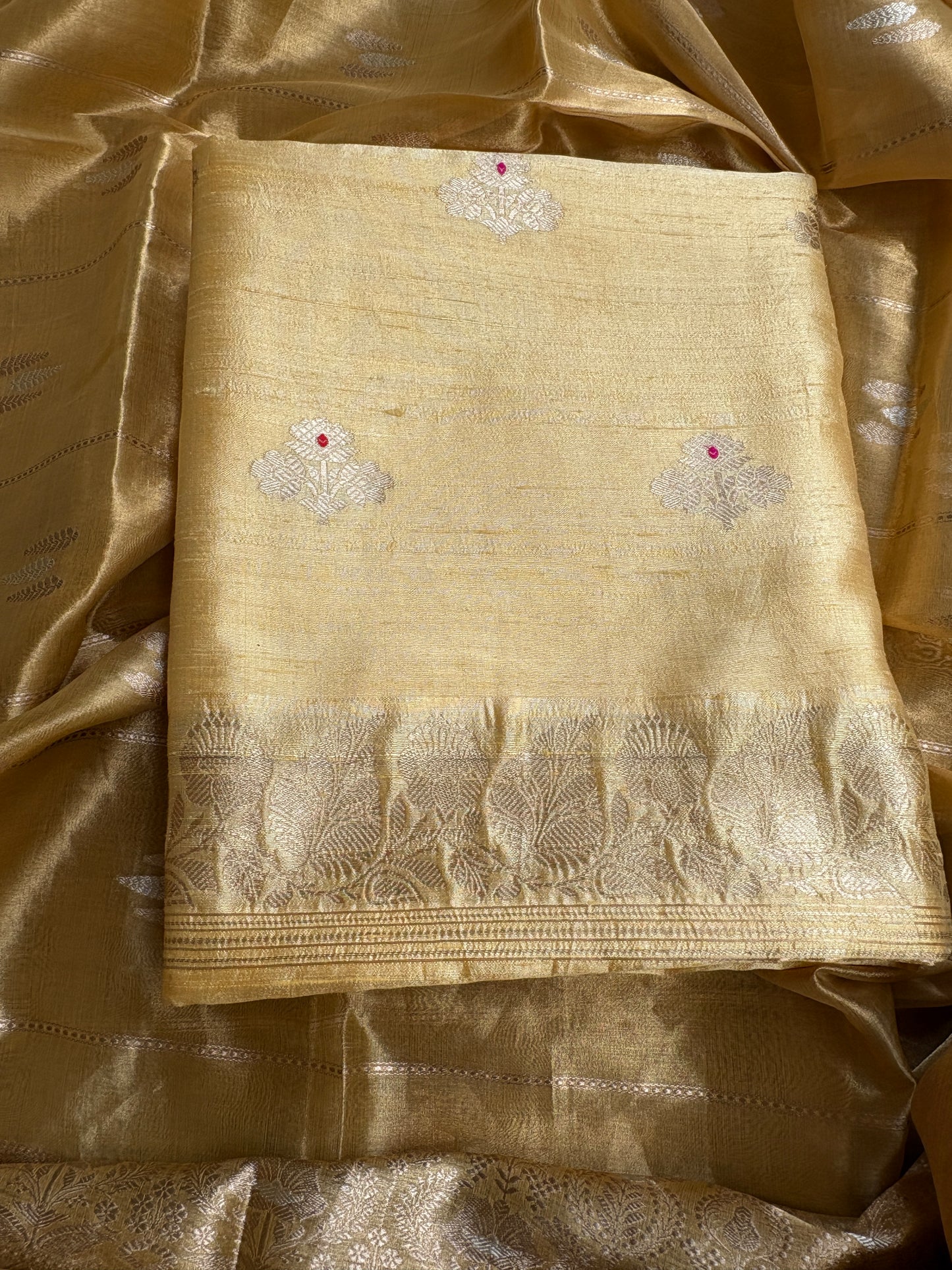 Yellow raw silk kurta, bottom and tissue kadhwa dupatta