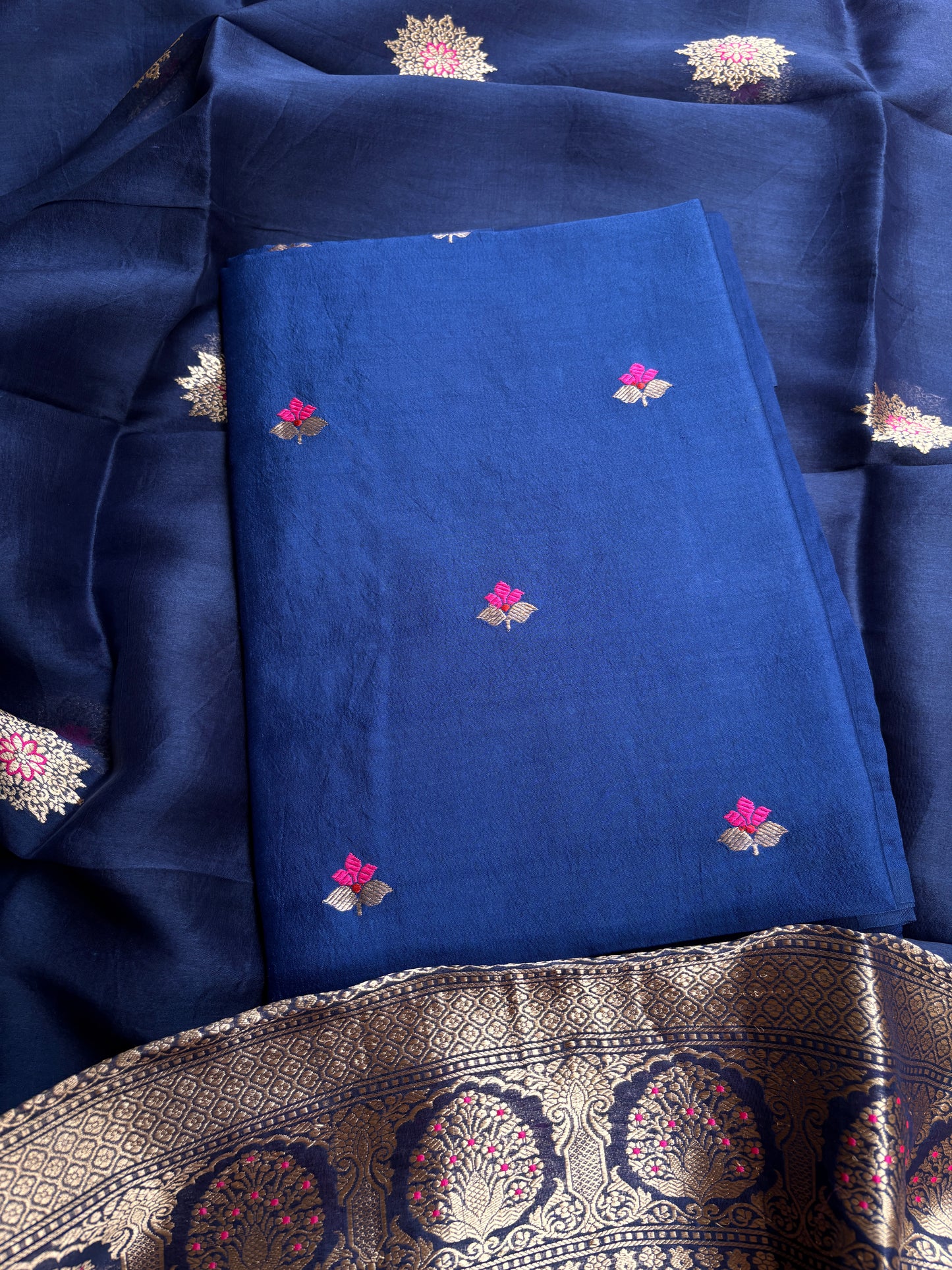 Blue Chiniya kora silk suit set