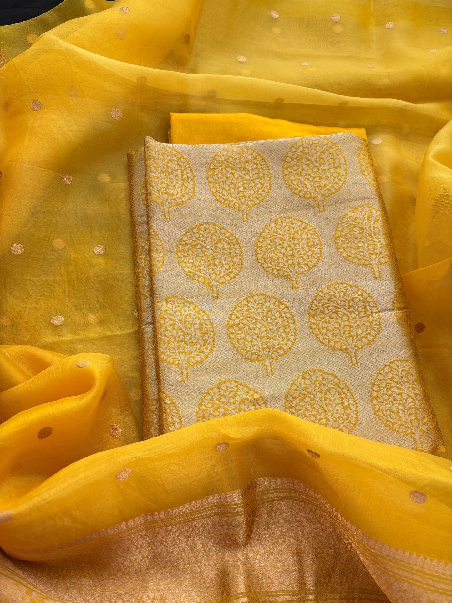 Yellow Katan brocade kurta and bottom , kora silk dupatta