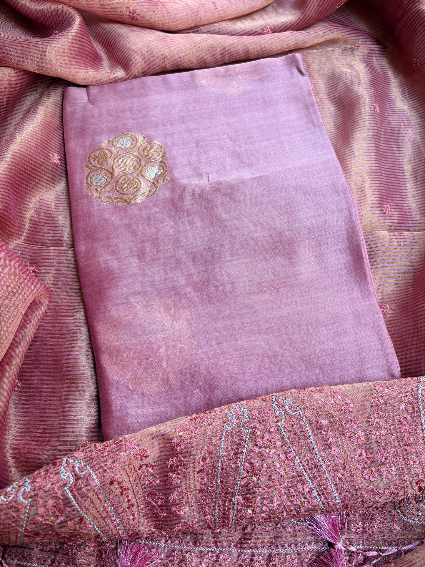 Pink handloom silk kadhwa kurta, bottom, tissue kadhwa dupatta