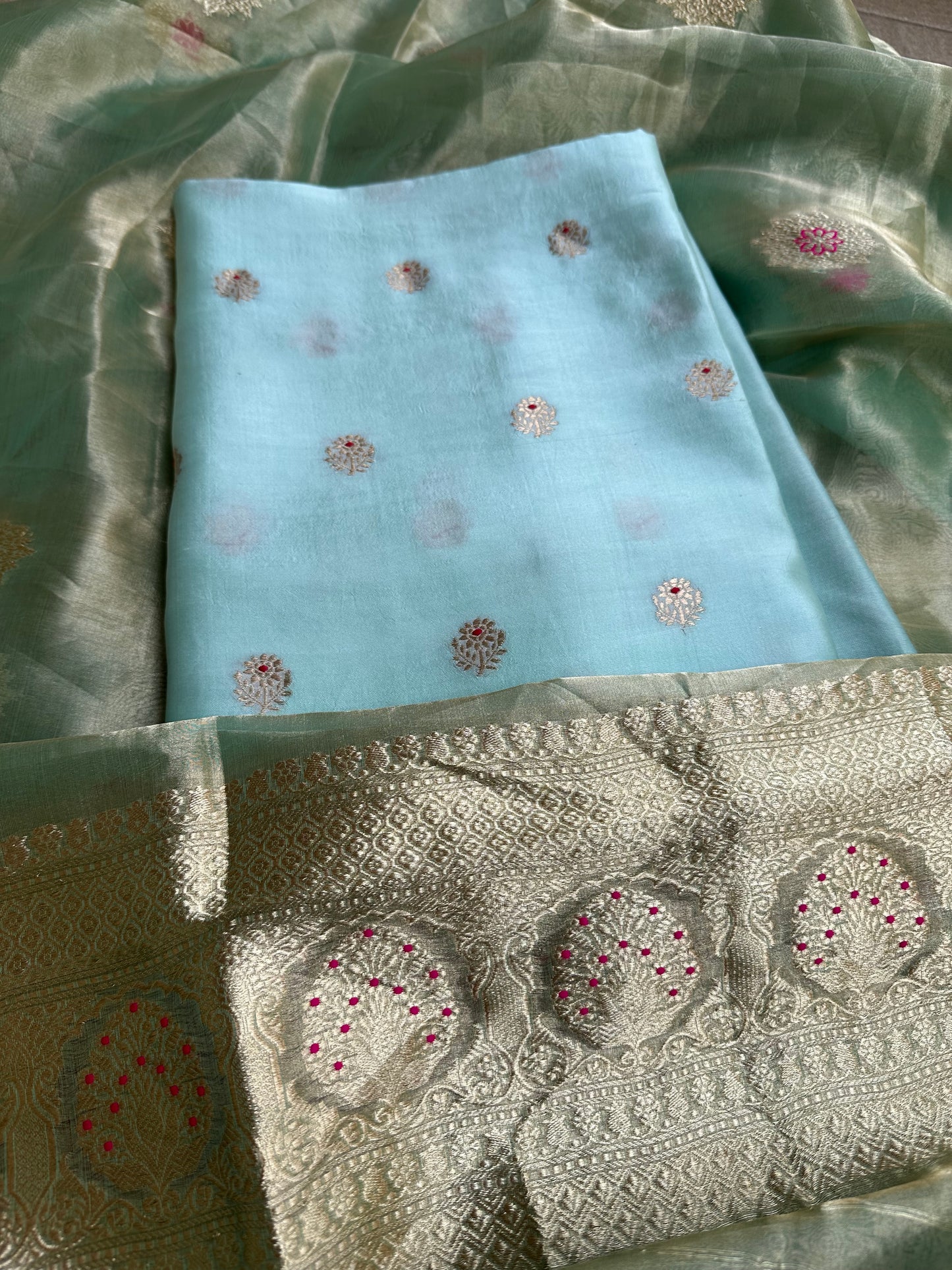 Sky blue chiniya silk kurta, bottom and tissue meendar dupatta