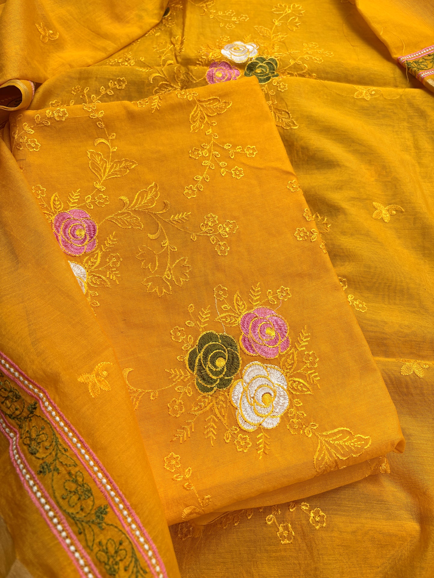 Yellow cotton embroidered suit set