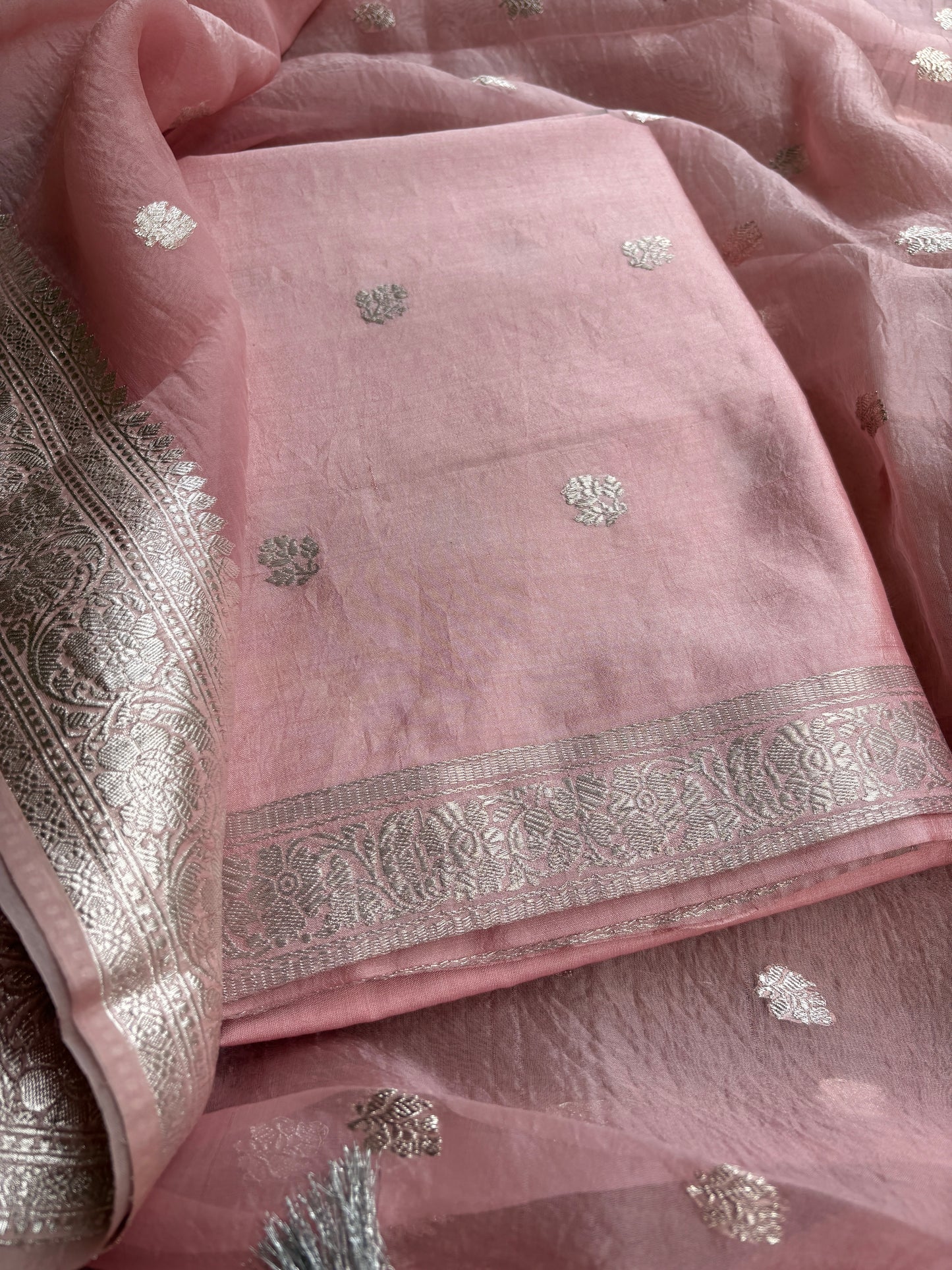 Pink silver zari Chiniya kora silk suit set