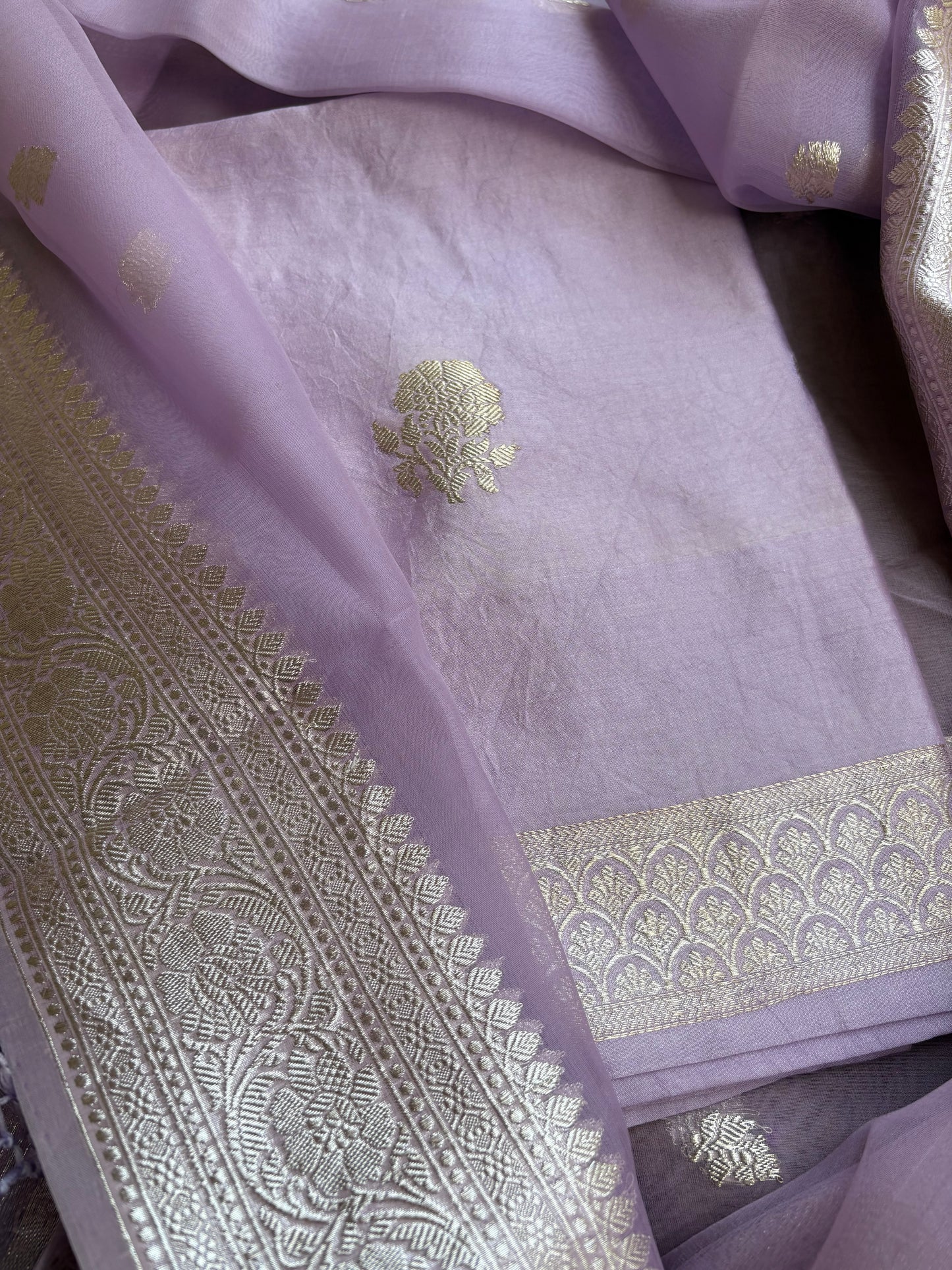 Lavender pure silver zari kurta, kora dupatta,plain bottom.