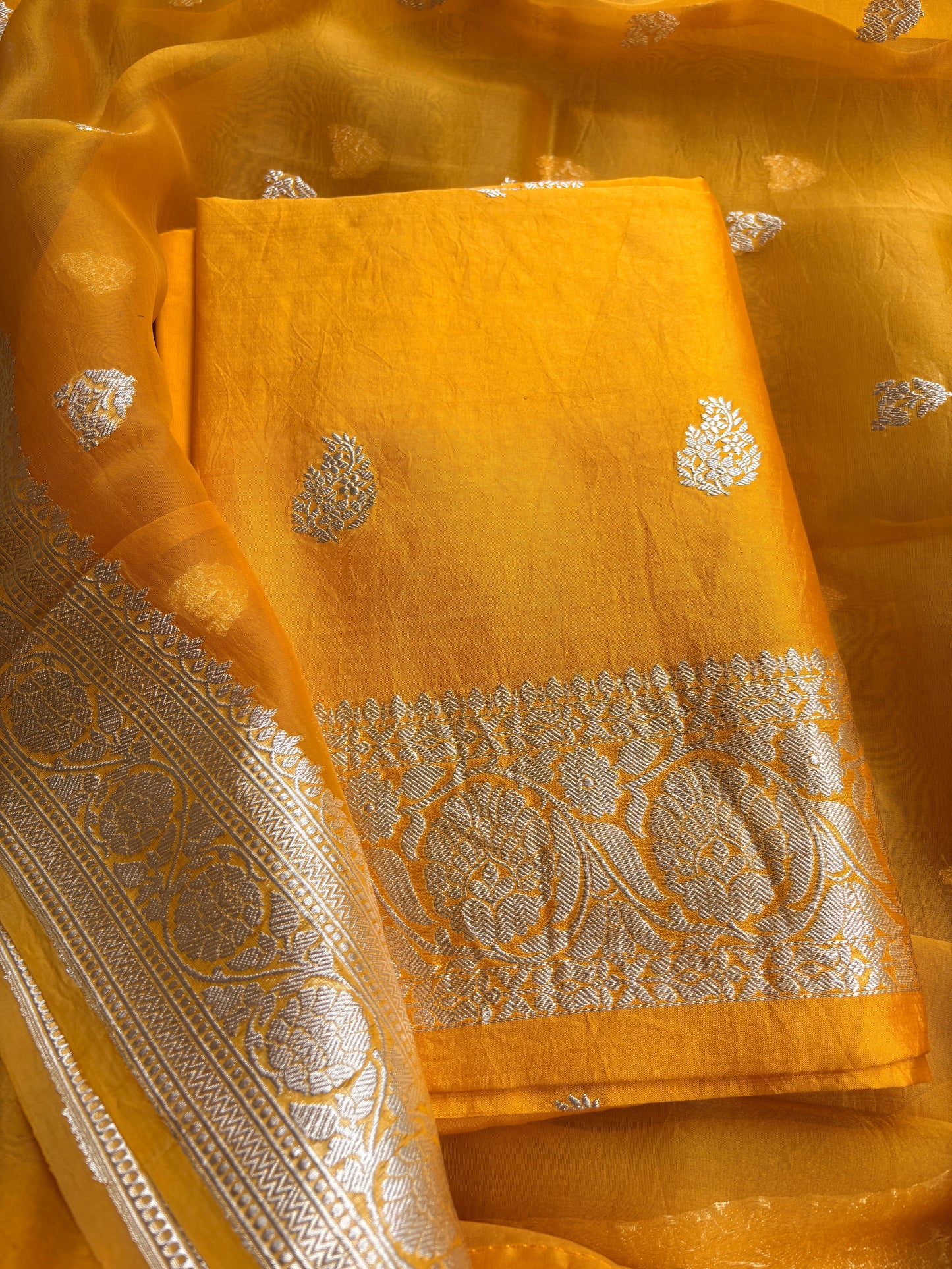 Yellow Chiniya silk silver zari suit set