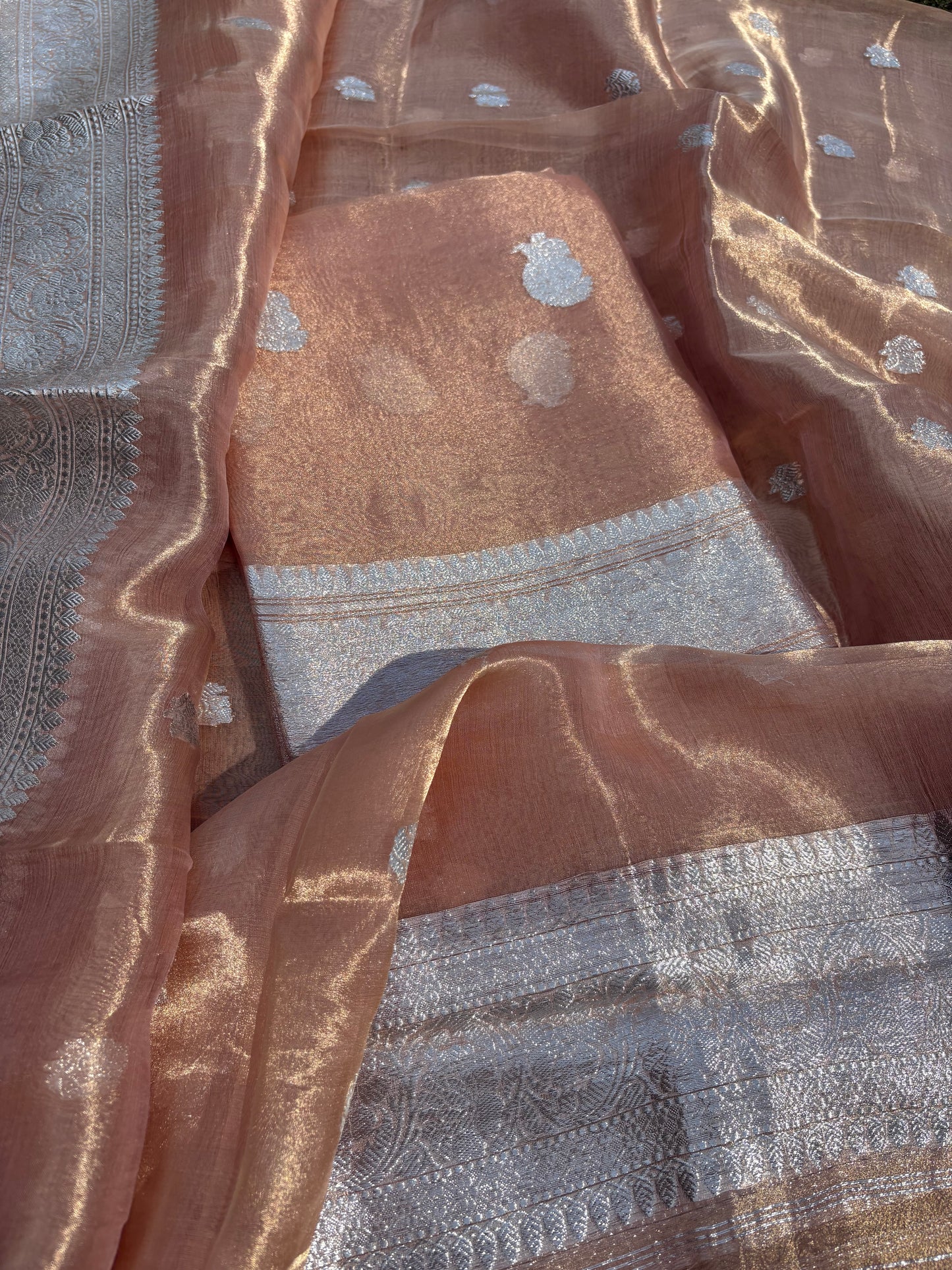 Pink peach silver zari tissue 3 piece suit set