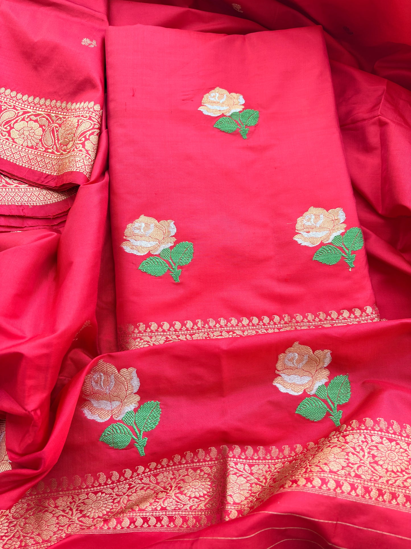 Red katan by katan silk kadhwa suit set
