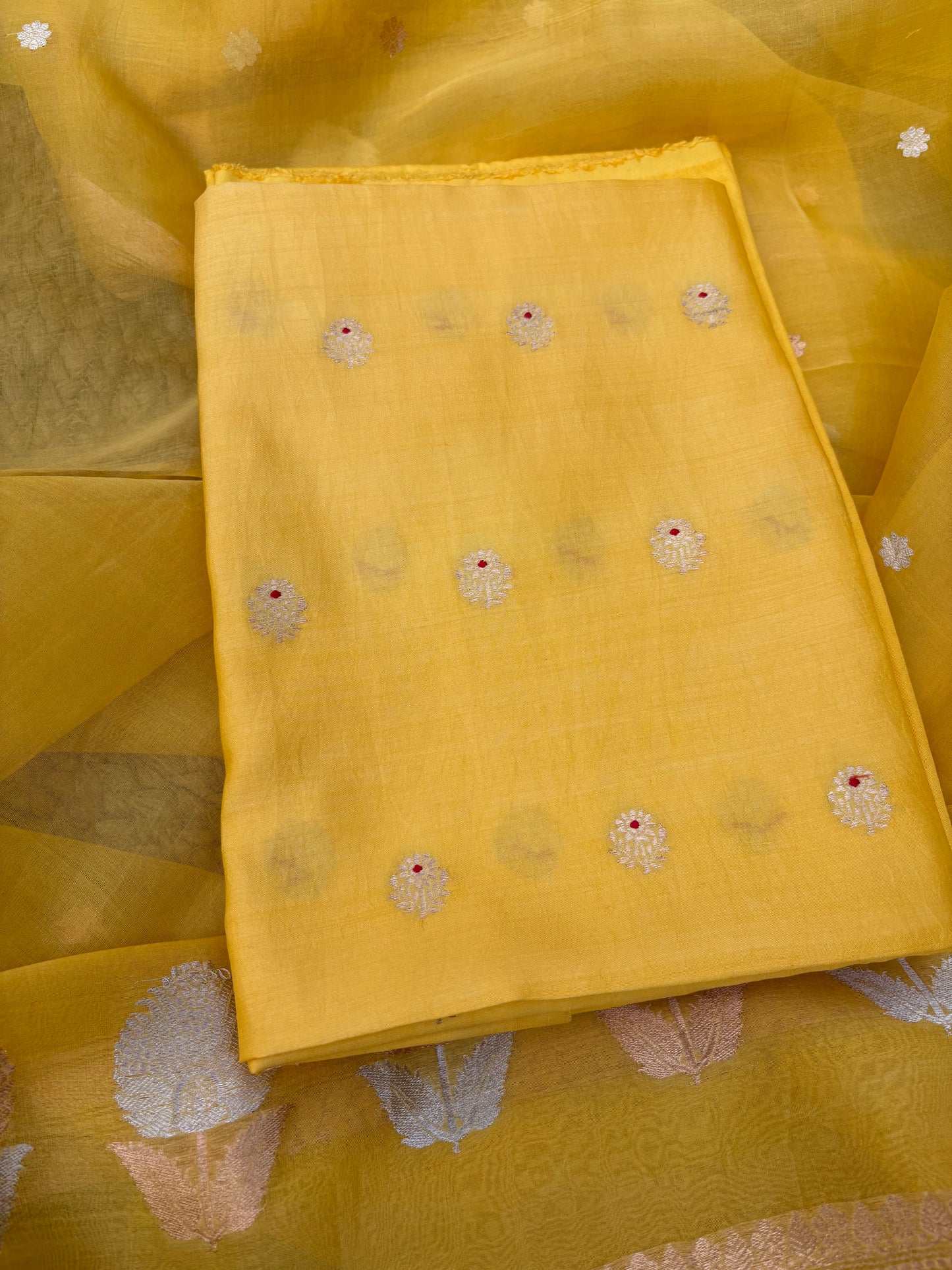 Yellow Chiniya silk kurta, kora silk dupatta , plain bottom