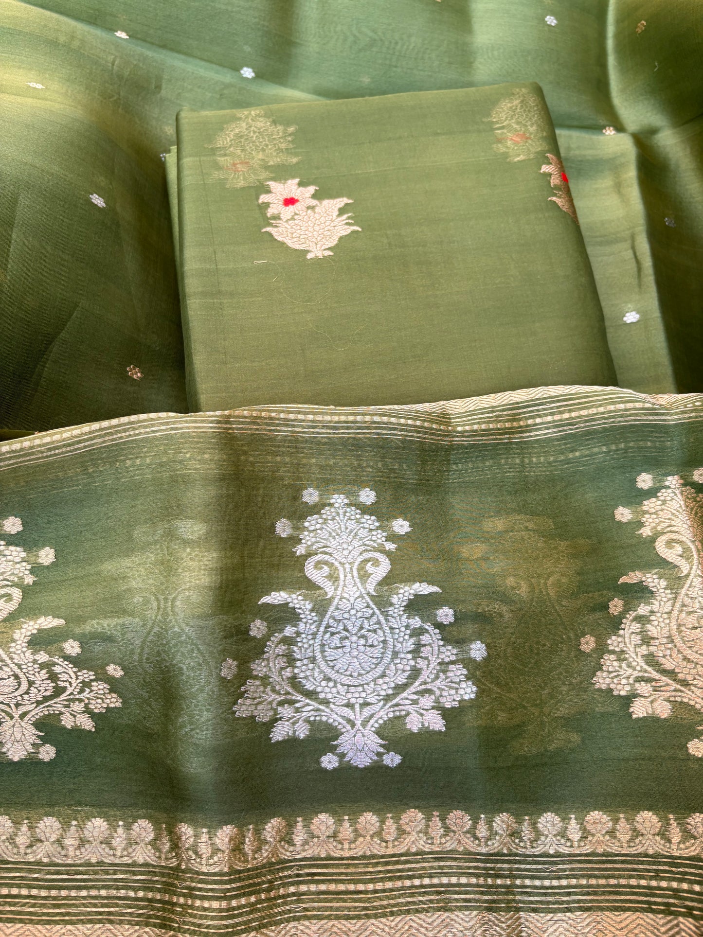 Light green kora silk kadhwa 3 piece suit set