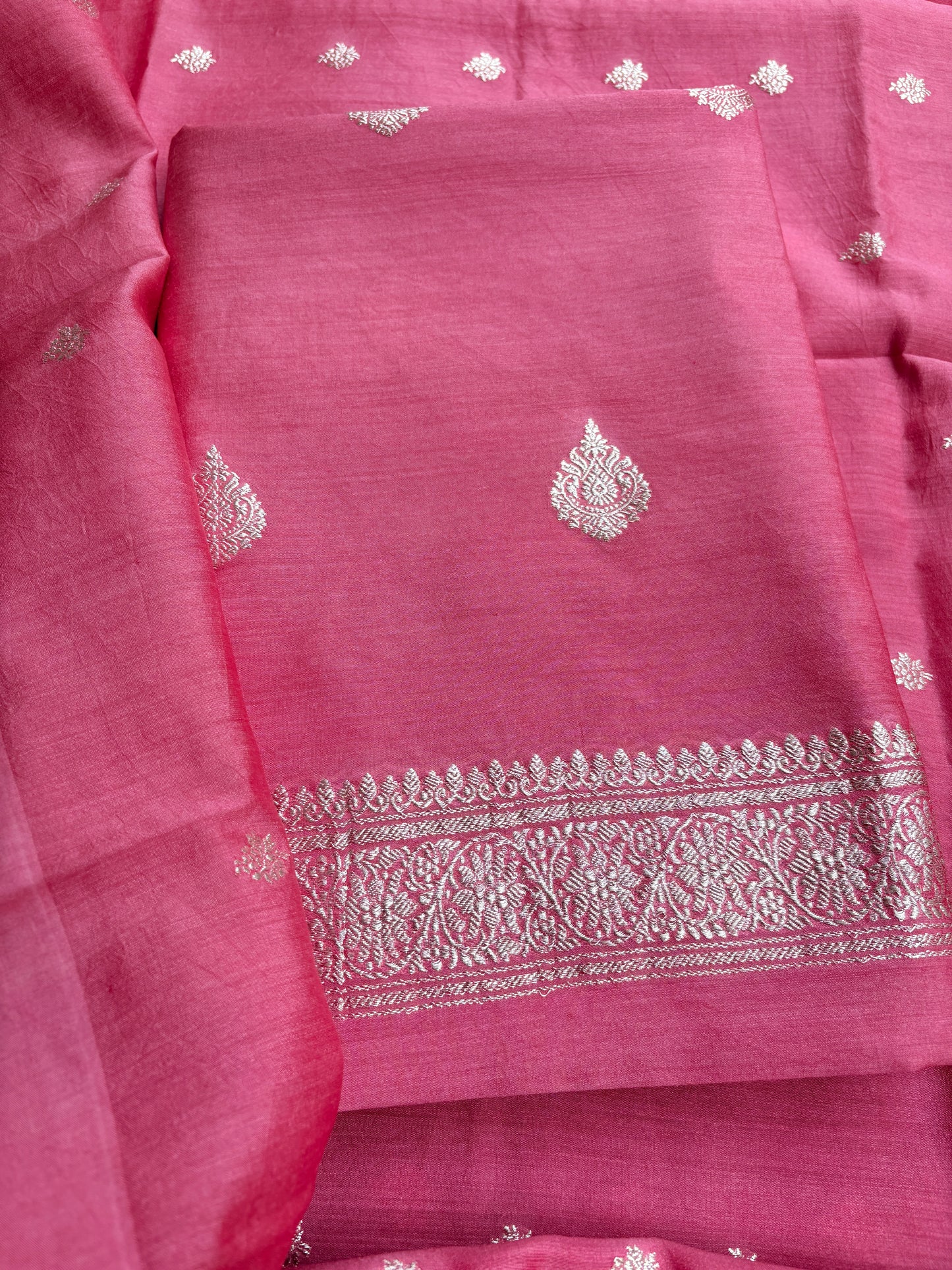 Peach moonga silk silver zari 3 piece suit set