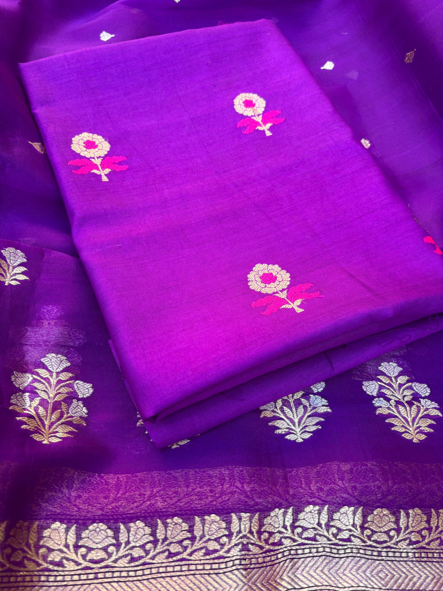 Purple meenadar Chiniya silk kurta, kora silk dupatta, plain bottom