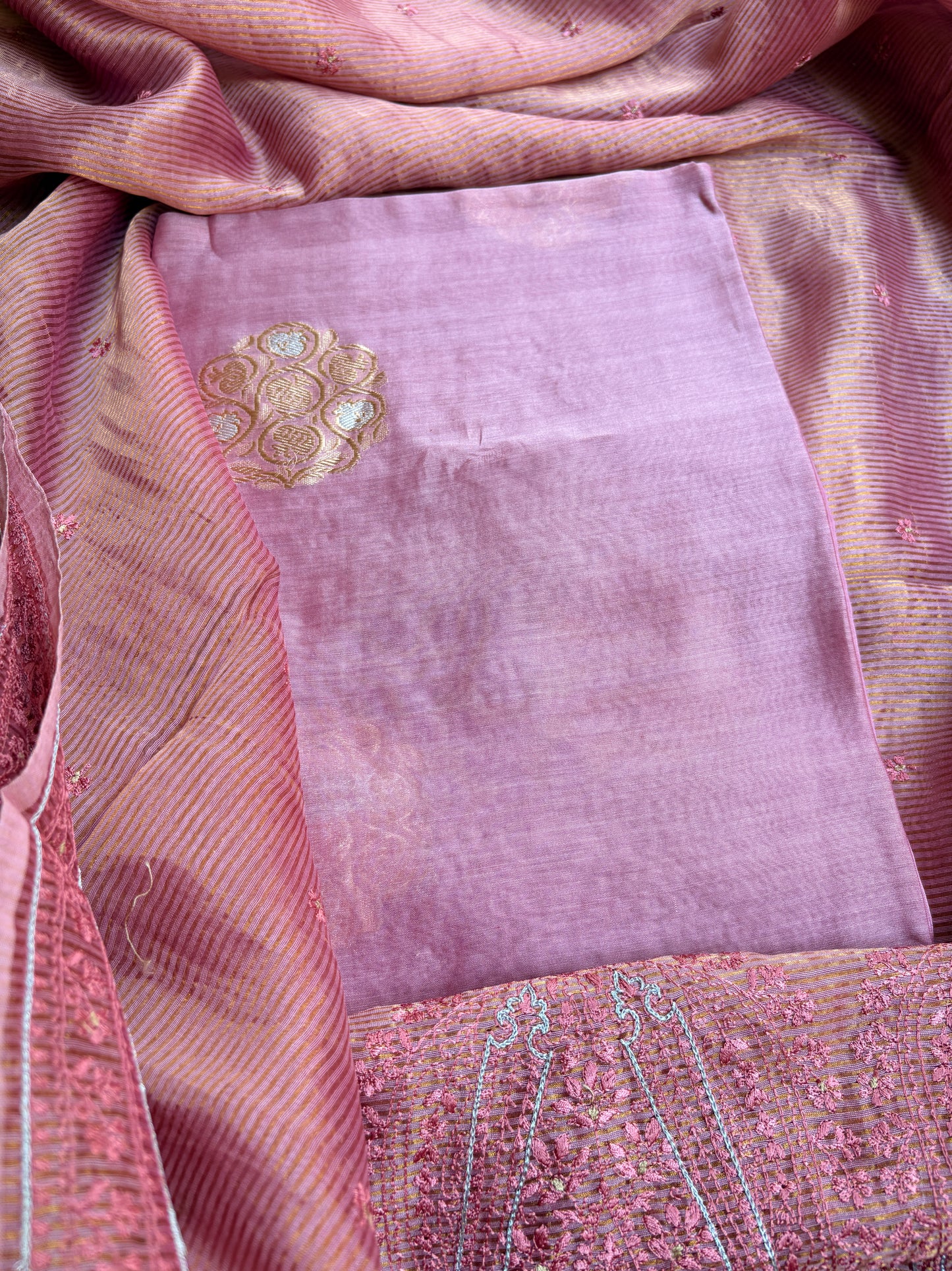 Pink handloom silk kadhwa kurta, bottom, tissue kadhwa dupatta