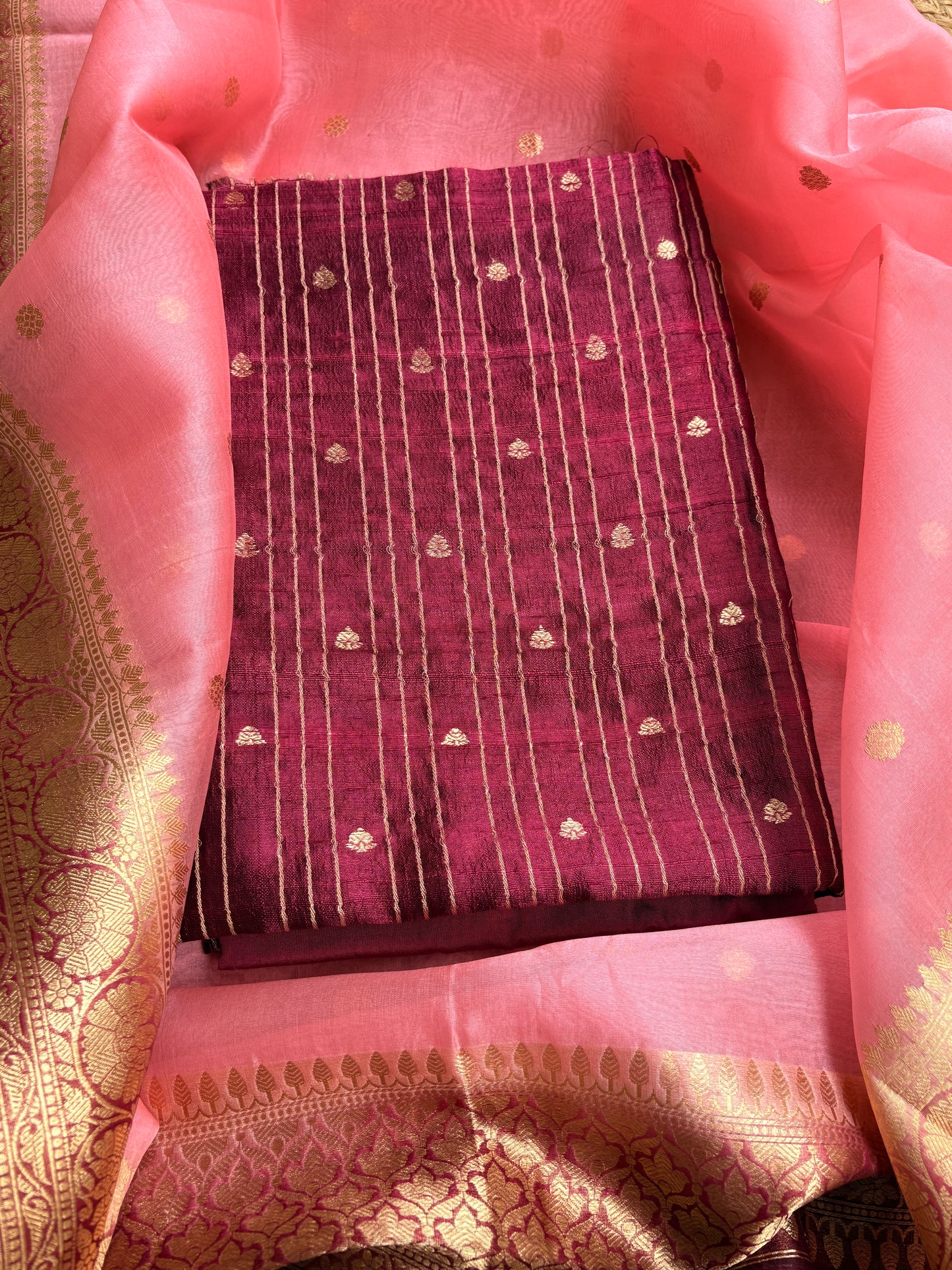 Wine raw silk kadhwa with kora kadhwa dupatta