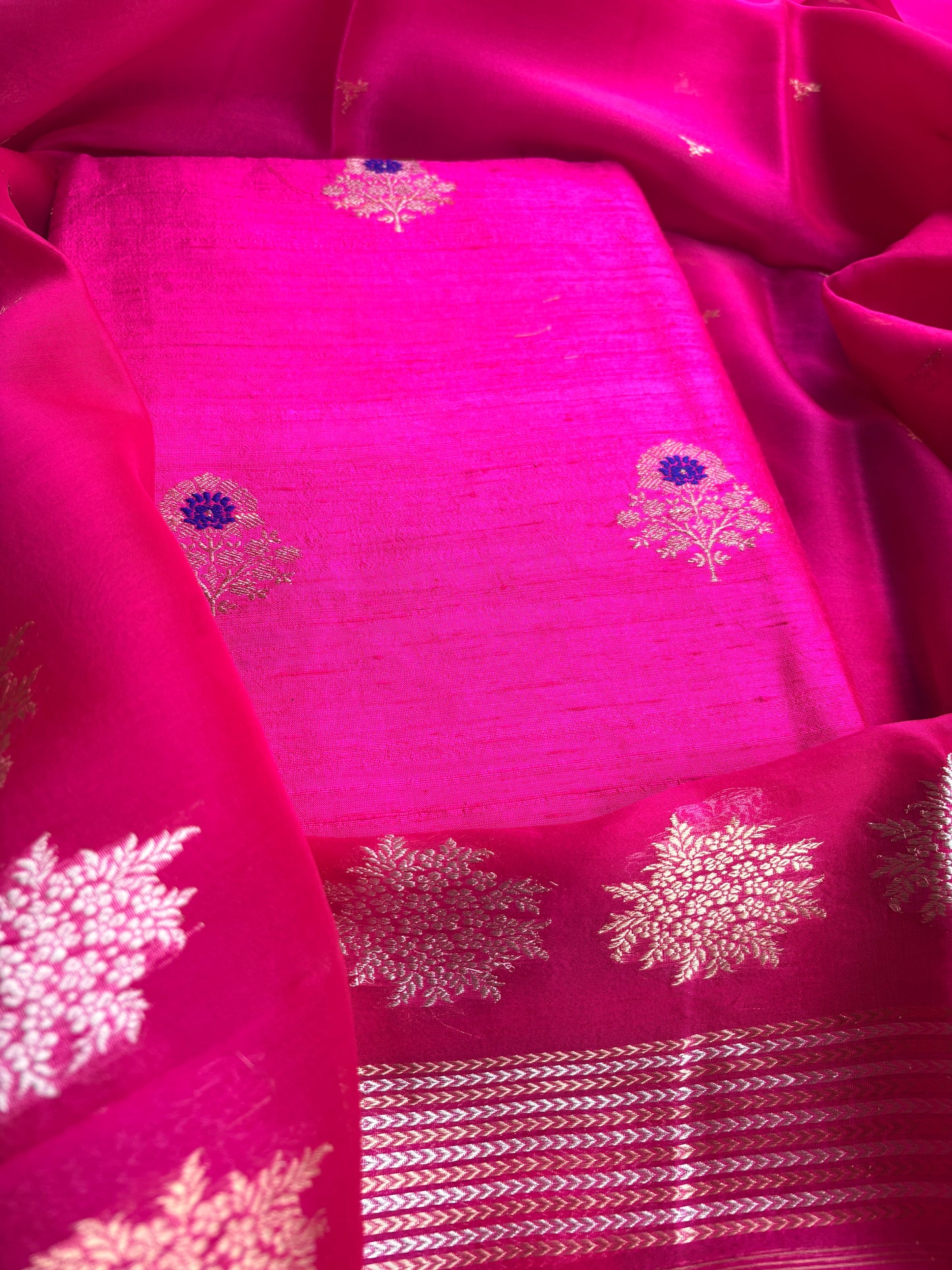 Pink kadhwa meenadar raw silk Kurta, bottom , kora kadhwa dupatta