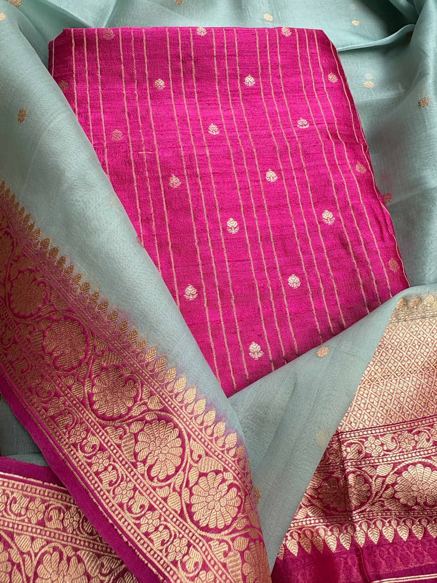 Pink raw silk kurta, bottom , kora shaded dupatta