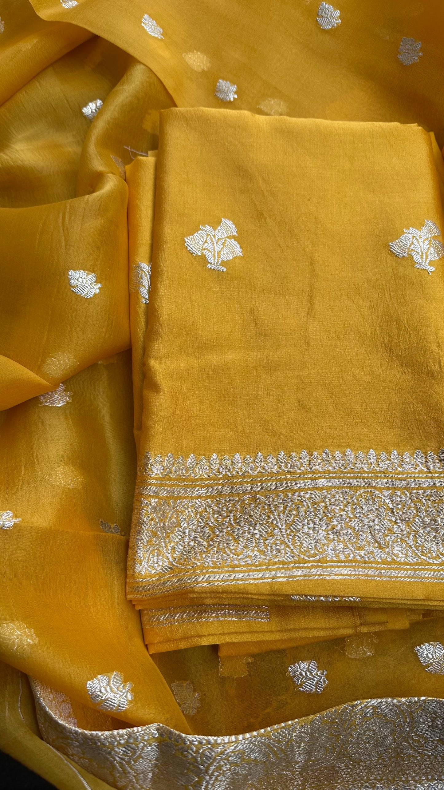 Yellow silver zari chiniya kora 3 piece suit set