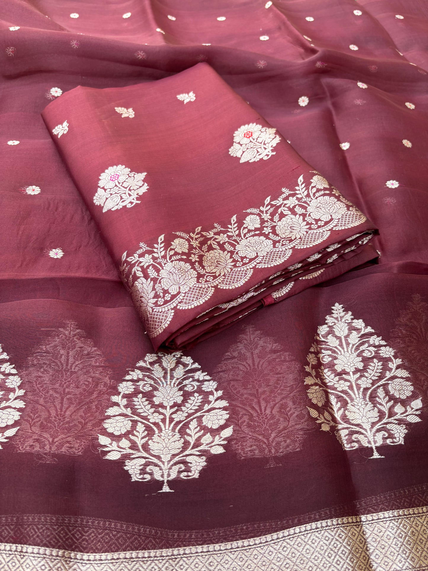 Wine maroon raw mango silk kurta, bottom , kora silk dupatta