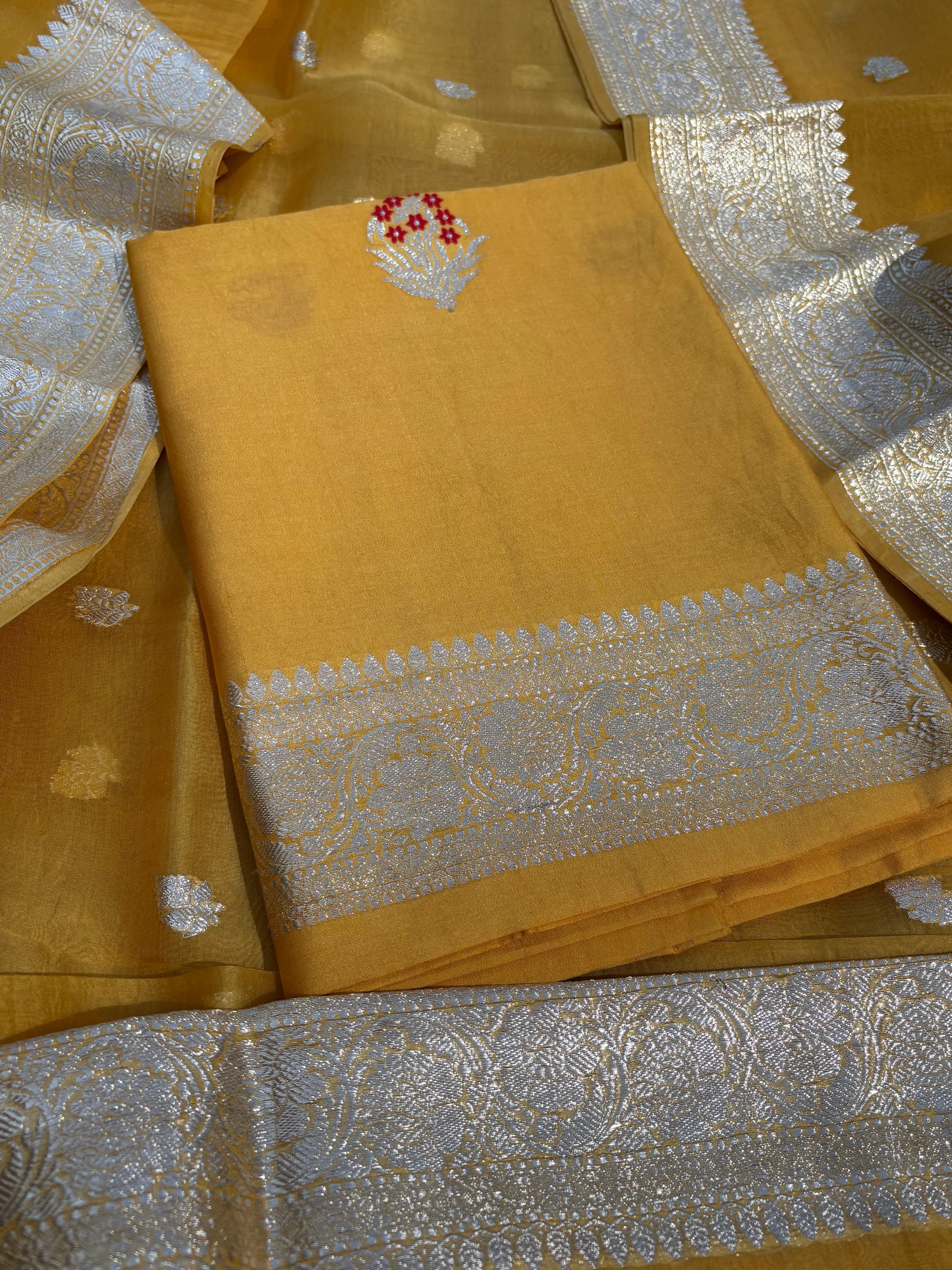 Mustard meenadar silver zari Chiniya kora 3 piece suit set