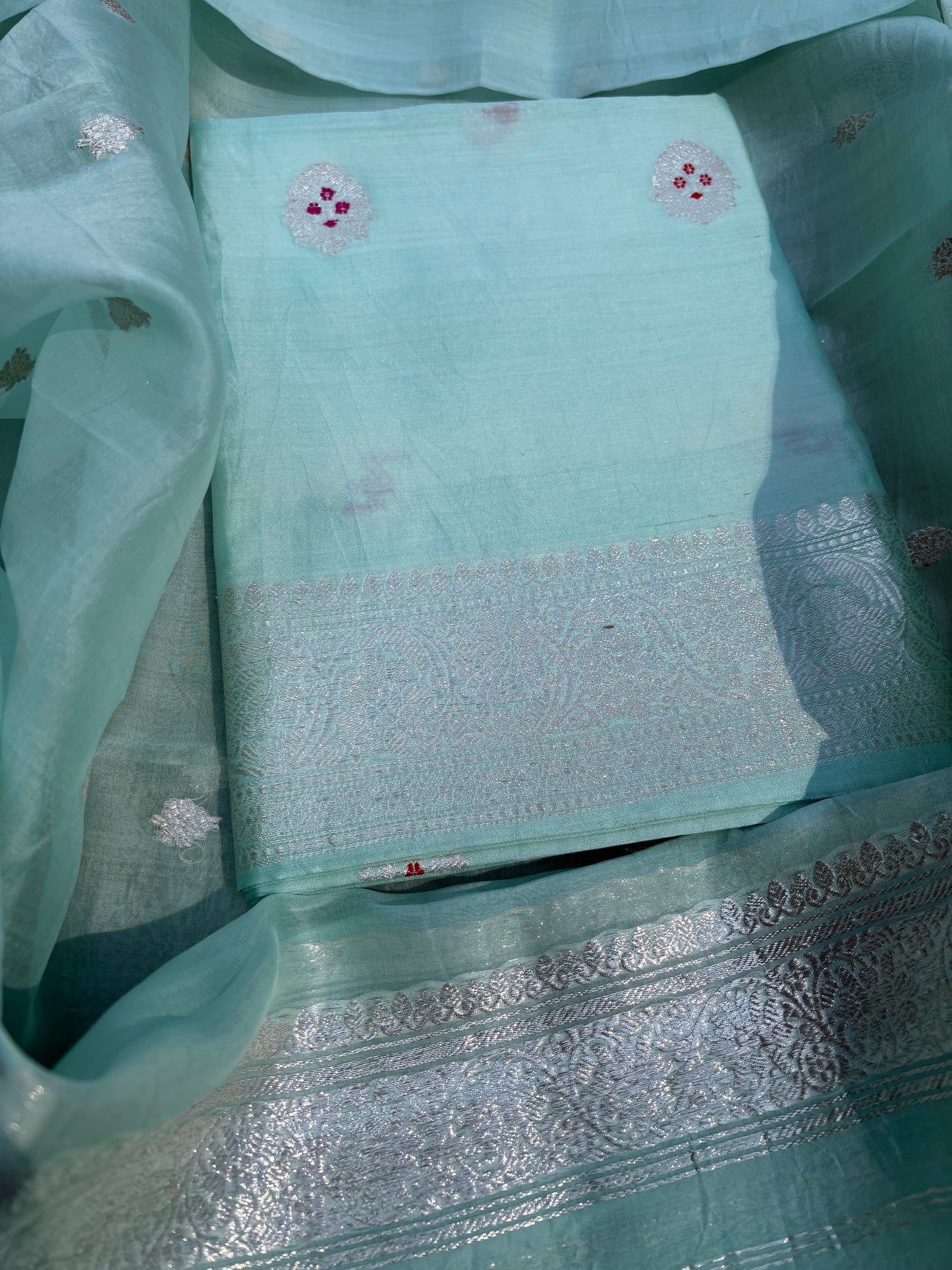 Turq silver zari meenadar kurta, kora silk dupatta, plain bottom