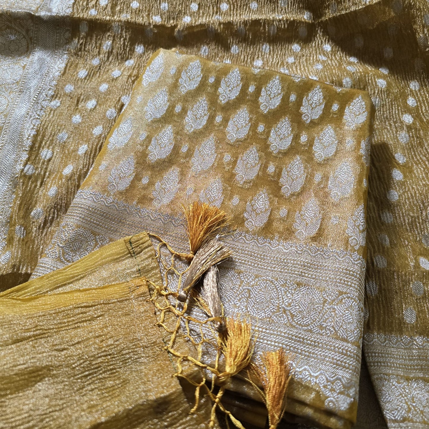 Yellow tissue suit, hand crushed dupatta , plain solid color bottom