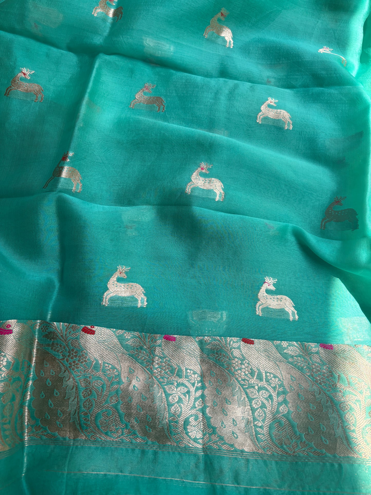 Blue raw silk Kurta, bottom , Kora silk deer motif dupatta