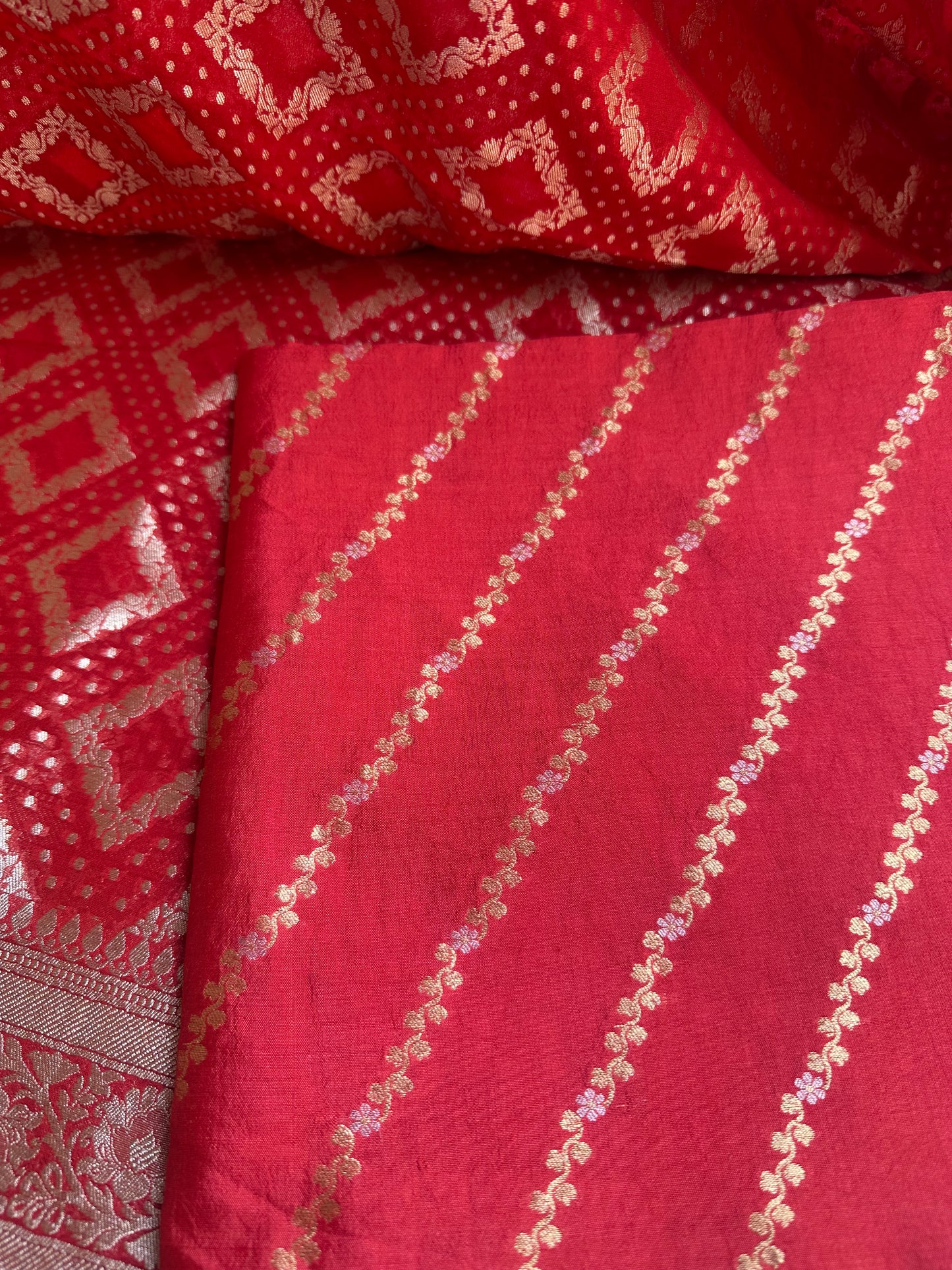 Red chiniya silk kurta, khaddi georgette dupatta, plain silk bottom