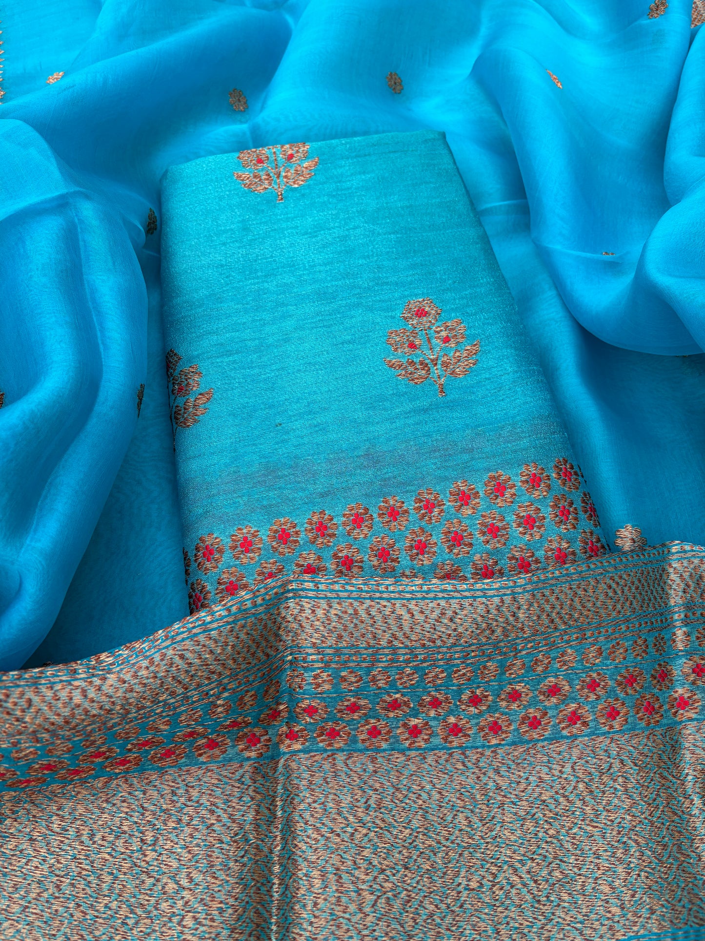 Warm blue raw silk tussar kadhwa suit, kora silk dupatta