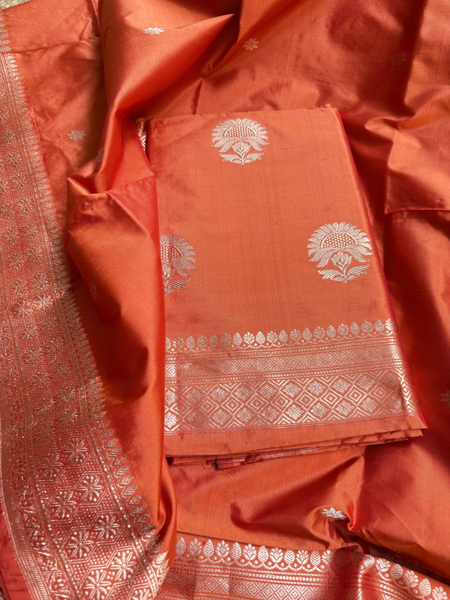 Orange katan by katan silk kadhwa suit set