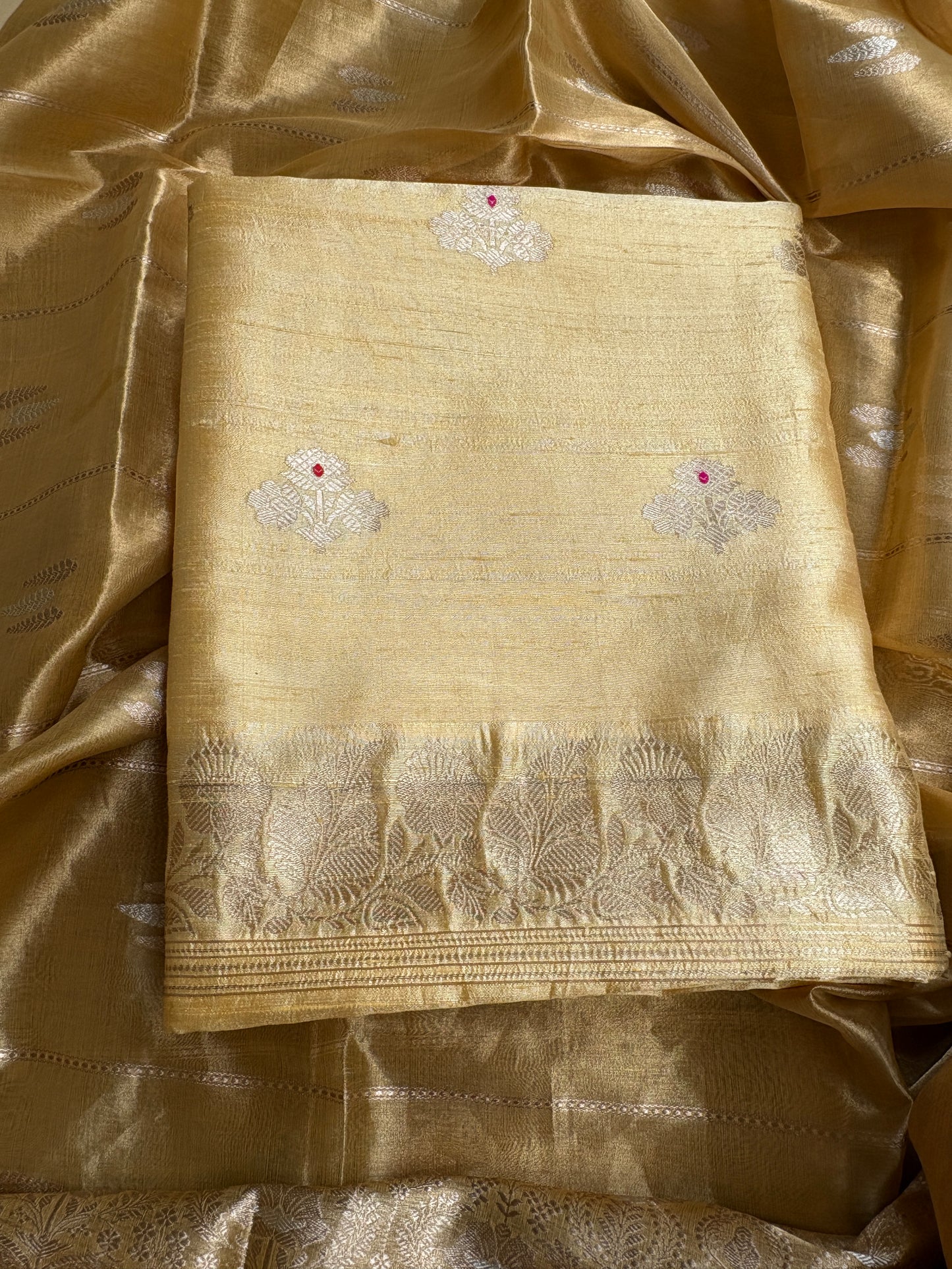 Yellow raw silk kurta, bottom and tissue kadhwa dupatta