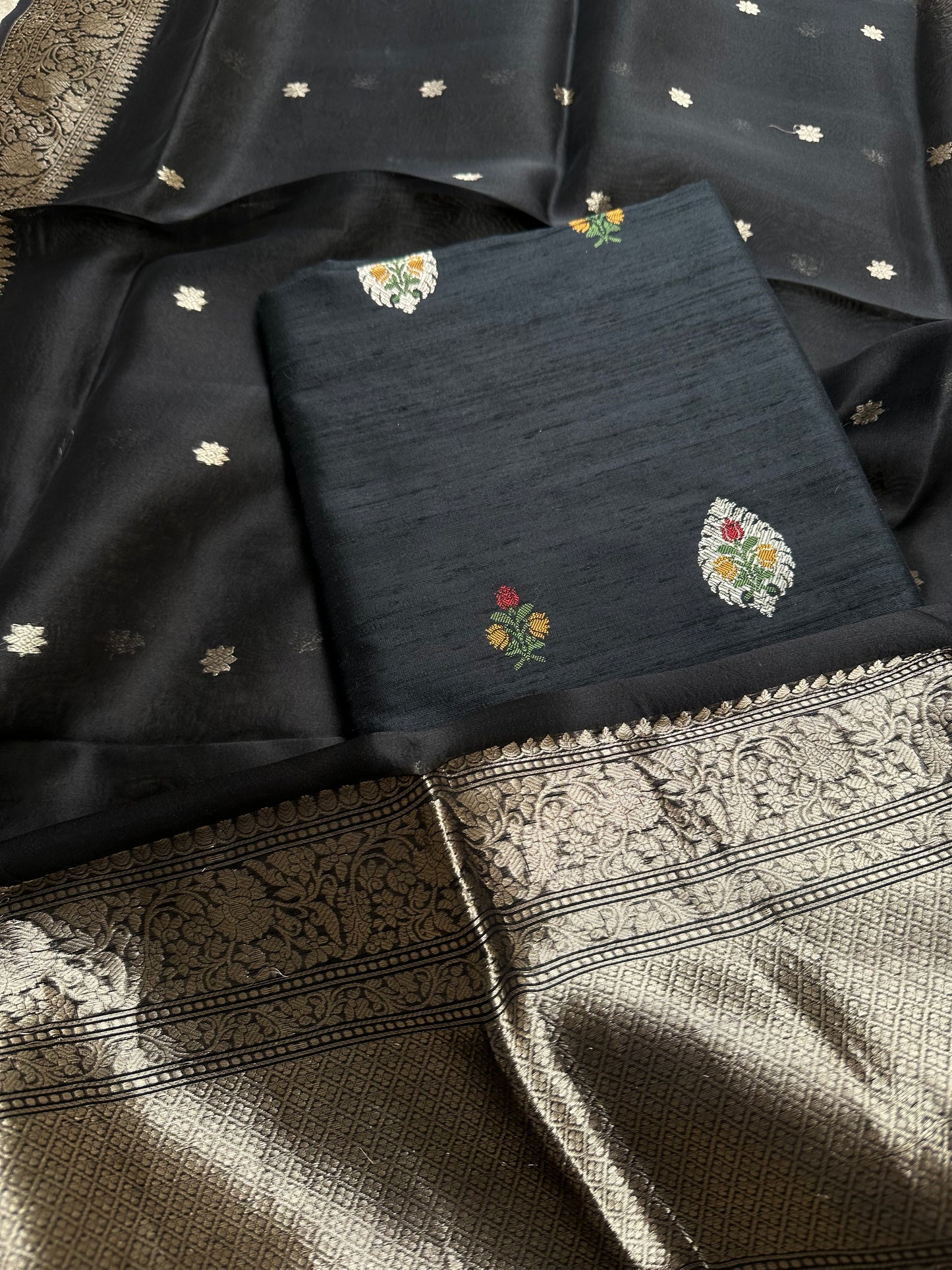 Black raw silk meenadar kurta, kora silk dupatta, plain bottom