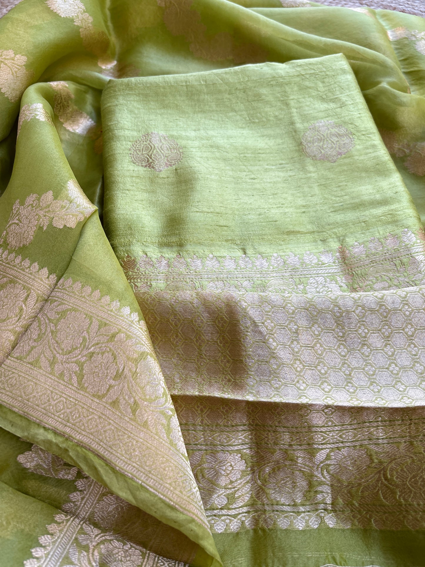 Green raw silk kadhwa suit set with kora silk dupatta