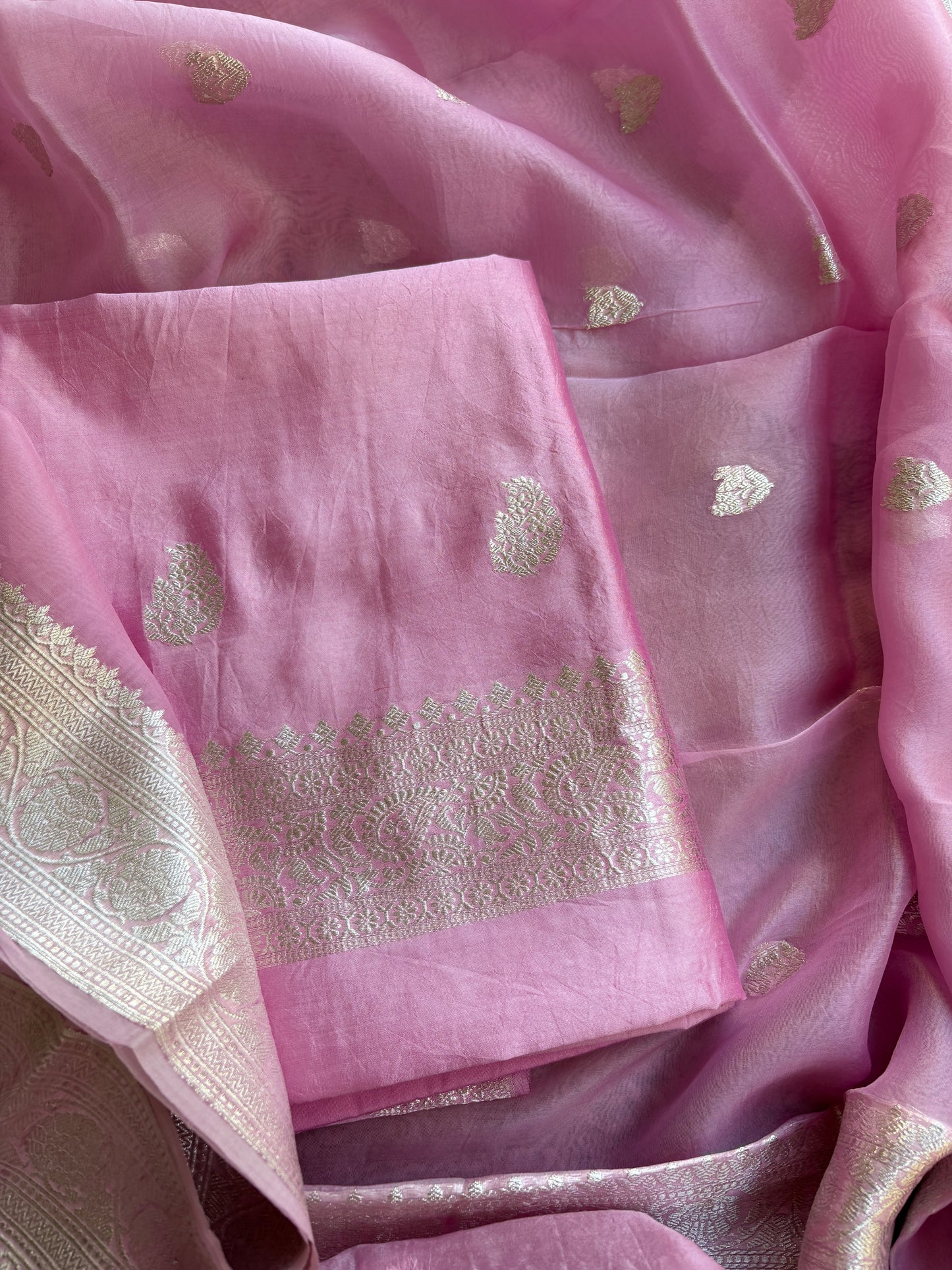 Pink Chiniya kora silver zari suit set