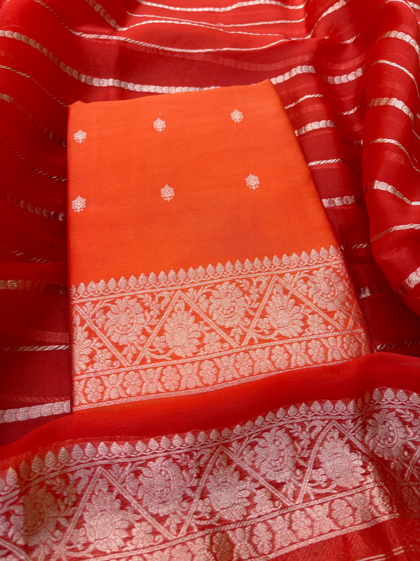 Orange raw mango silk kurta, bottom, kora dupatta