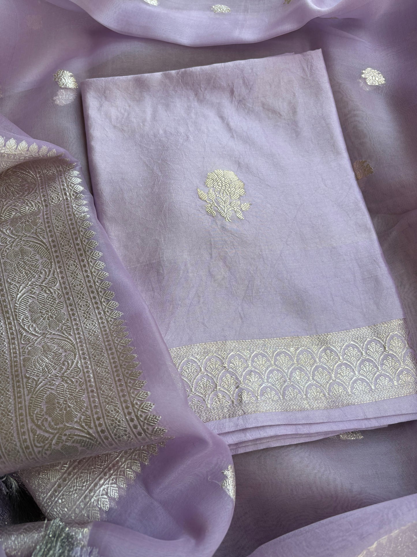 Lavender pure silver zari kurta, kora dupatta,plain bottom.