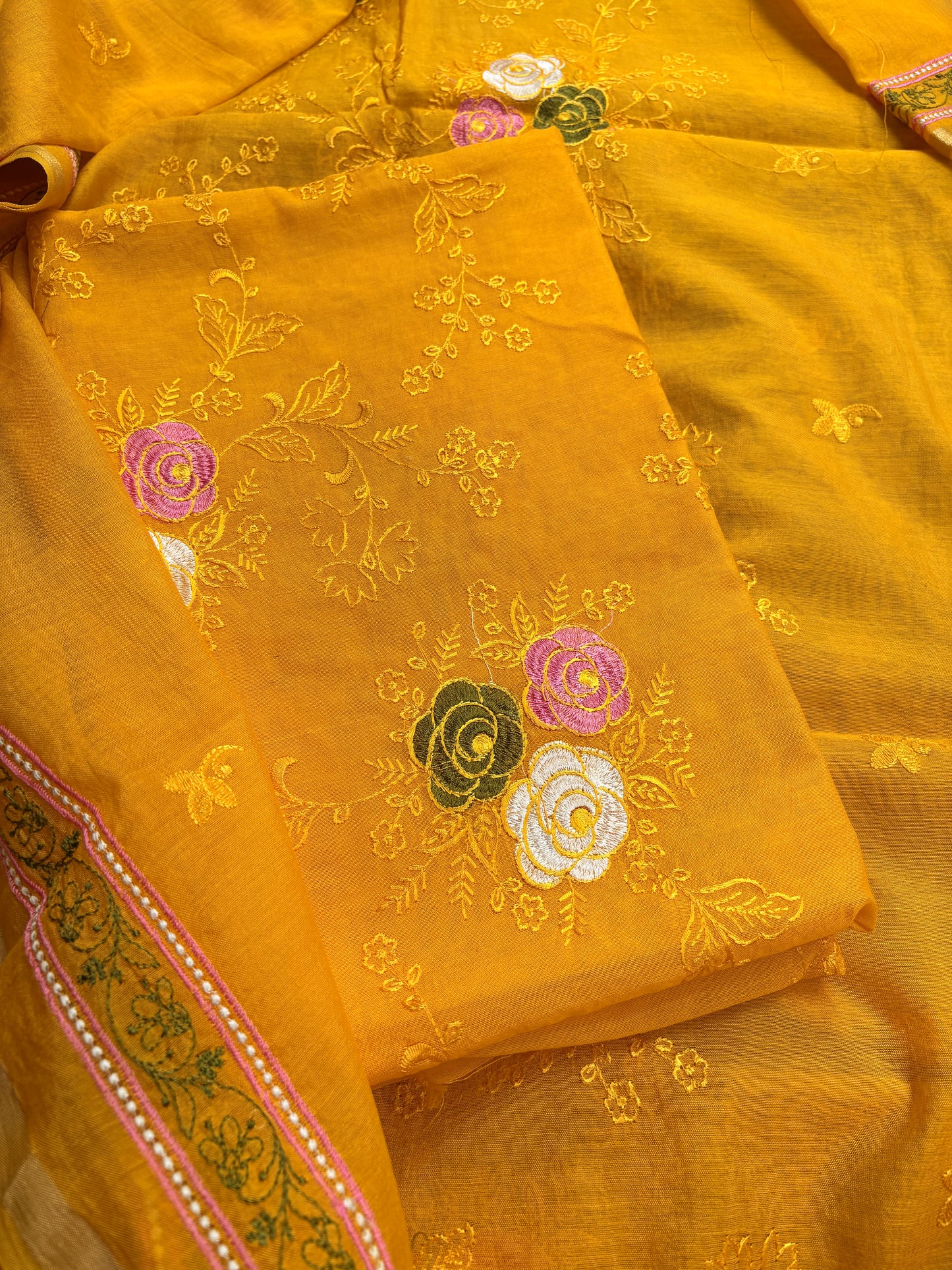 Yellow cotton embroidered suit set