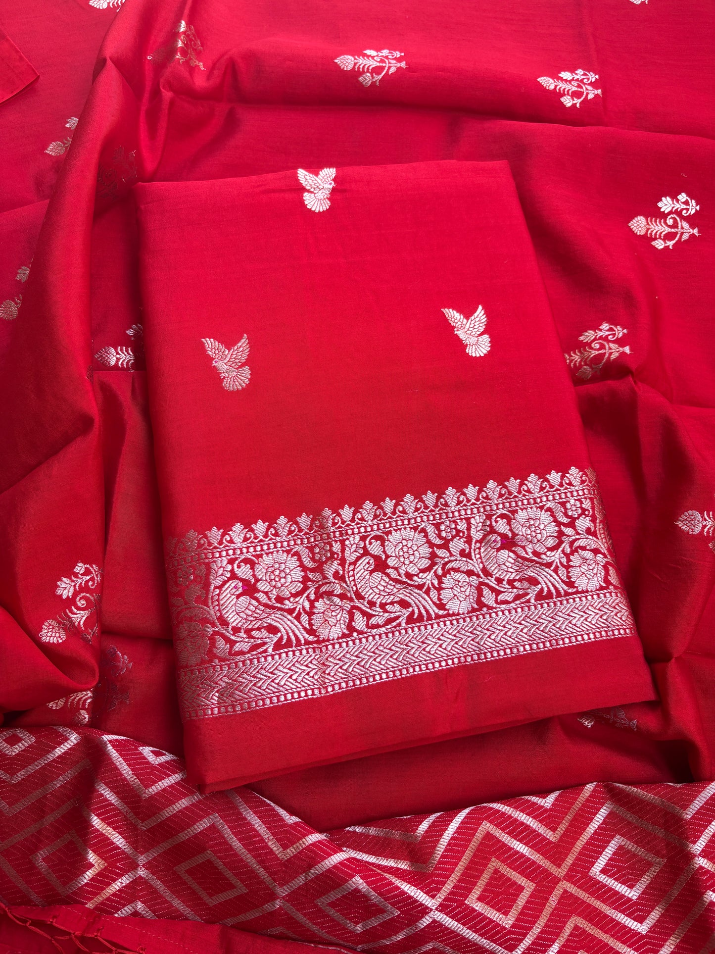 Red Chiniya silk 3 piece bird motif suit set