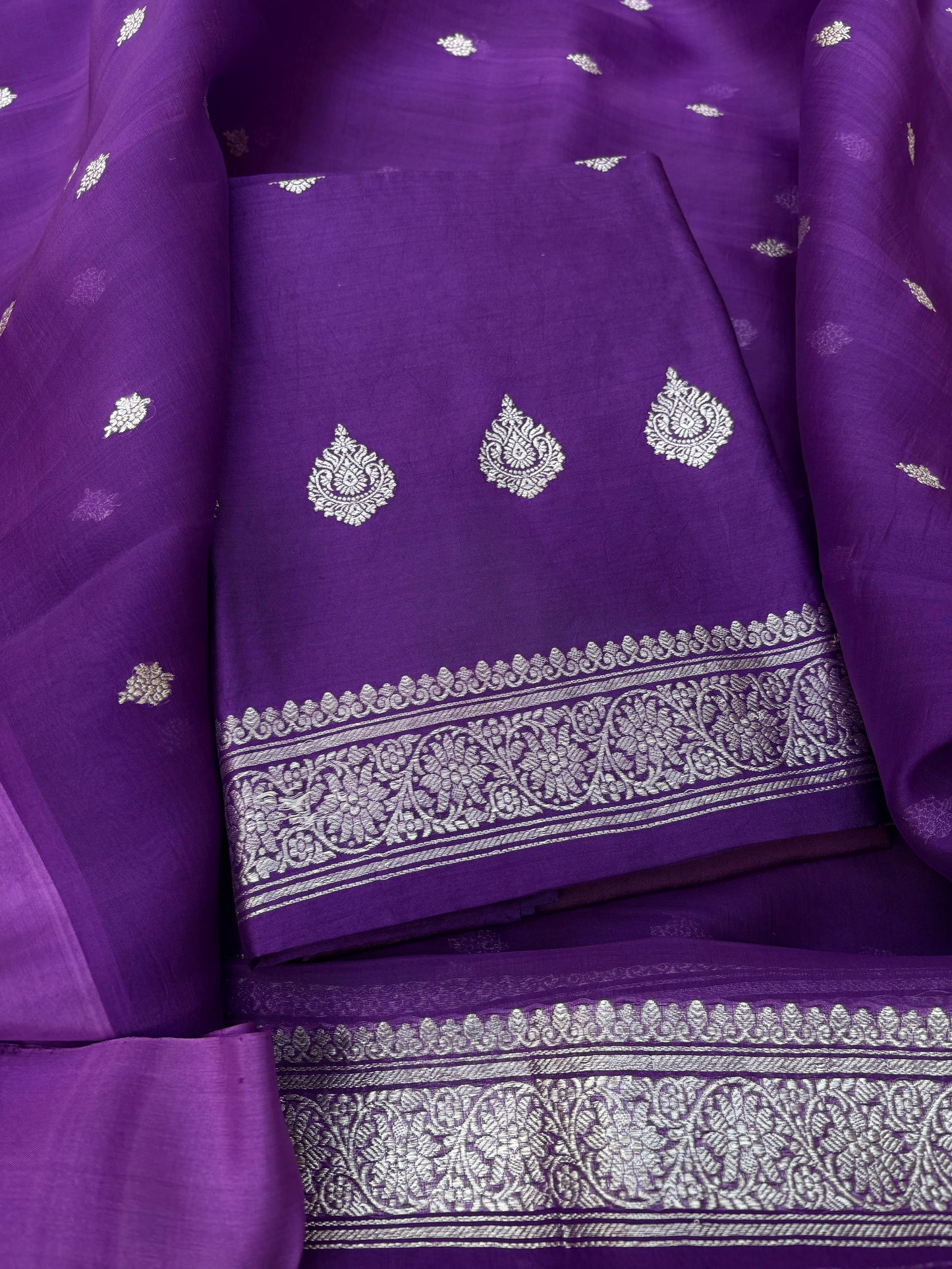 Purple silver zari Chiniya kora silk suit set