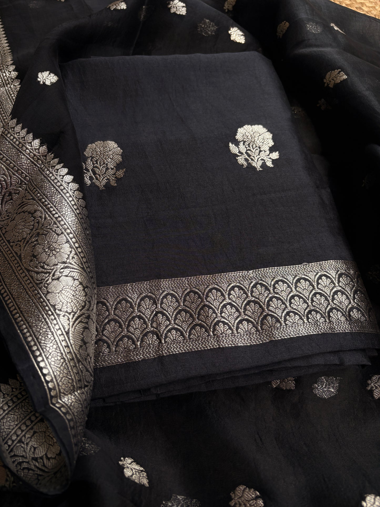 Black silver zari Chiniya silk suit set