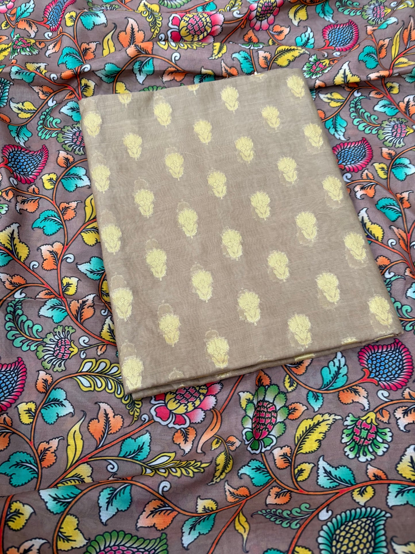Beige cotton suit with digital printed dupatta