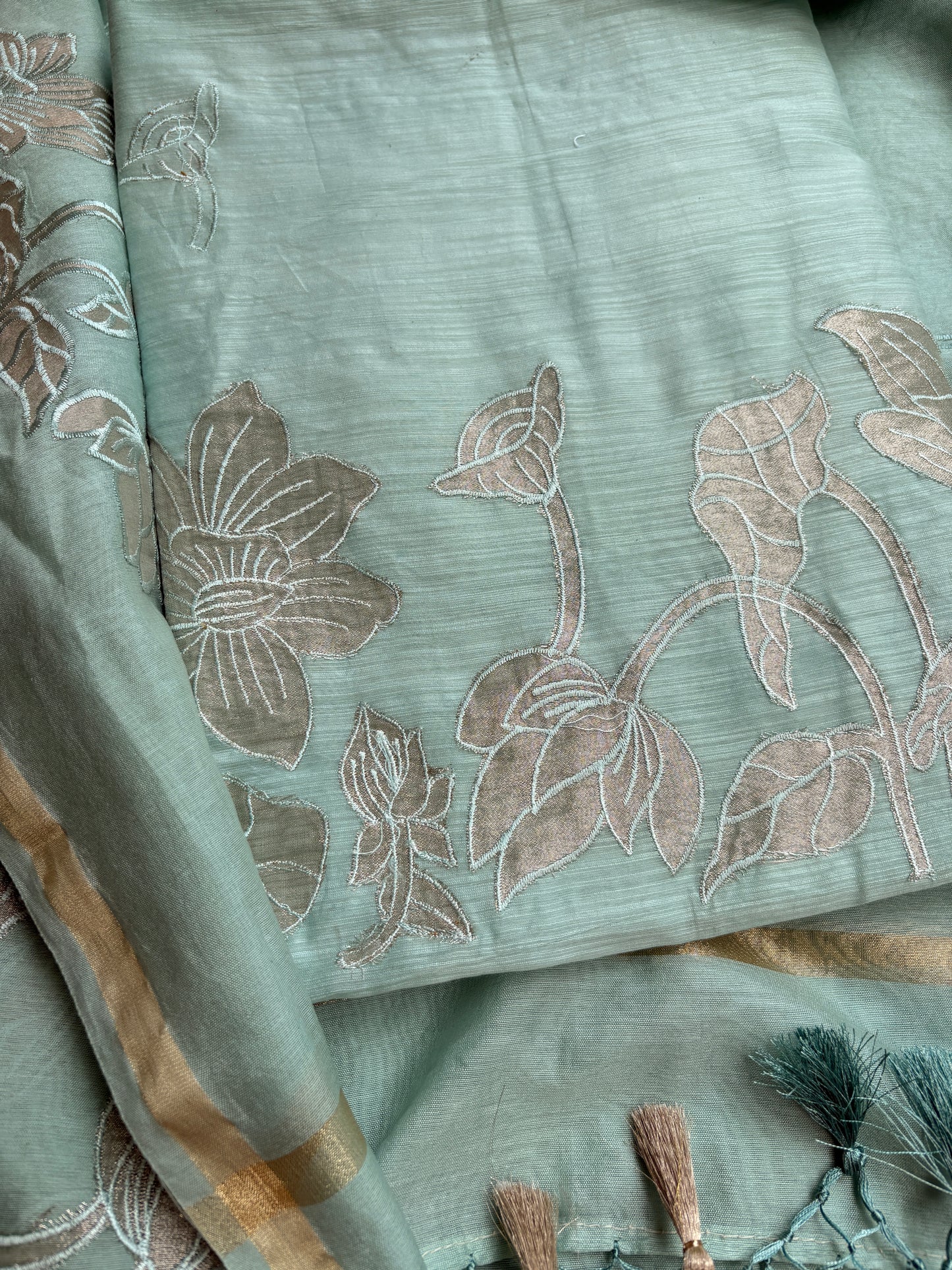 Green applique mul Chanderi 3 piece suit set