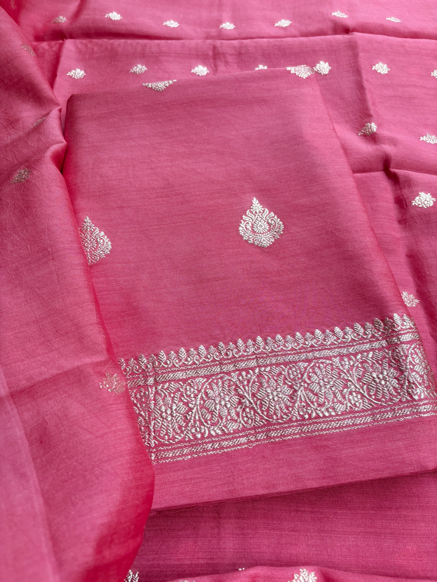 Peach moonga silk silver zari 3 piece suit set