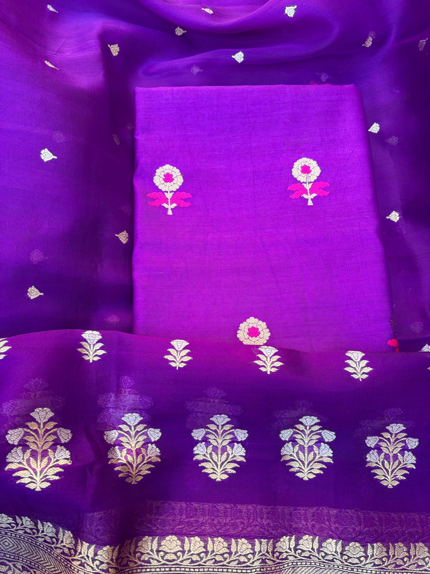 Purple meenadar Chiniya silk kurta, kora silk dupatta, plain bottom