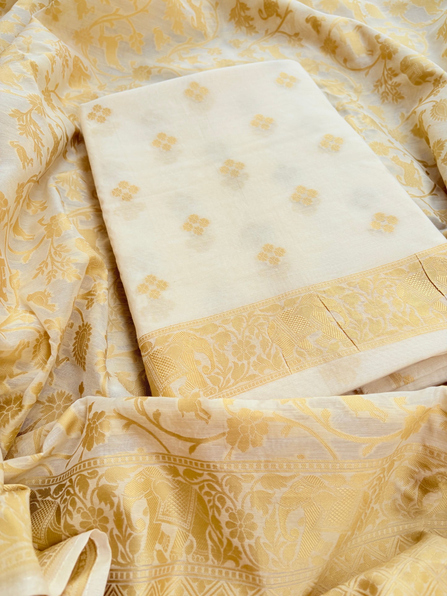 White base Chanderi shikargah suit set