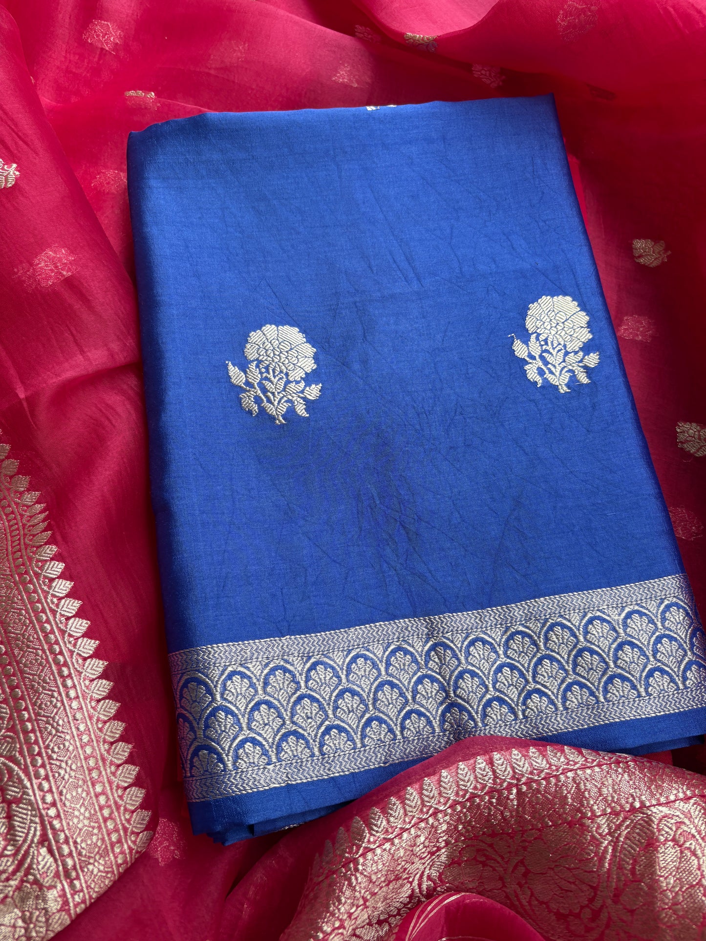 Blue Chiniya silk kurta, pink kora kadhwa dupatta, plain bottom