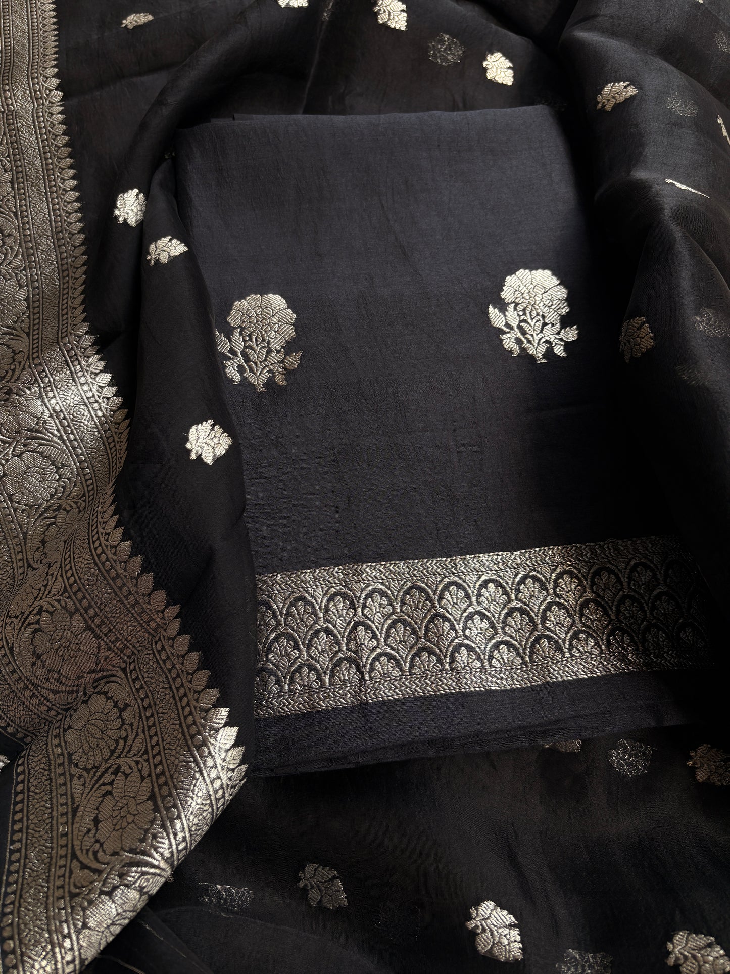 Black silver zari Chiniya silk suit set