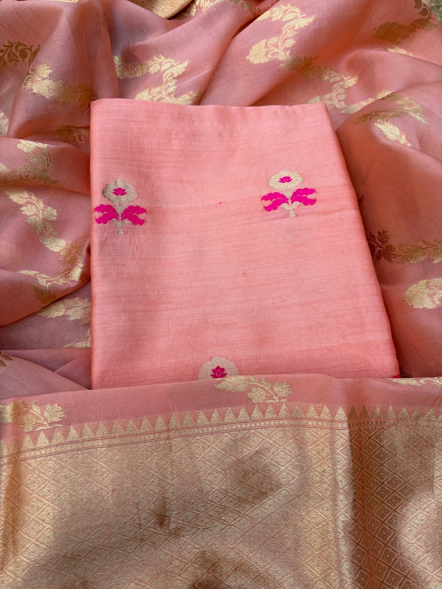 Peach Chiniya silk Kurt, bottom and kora silk dupatta.